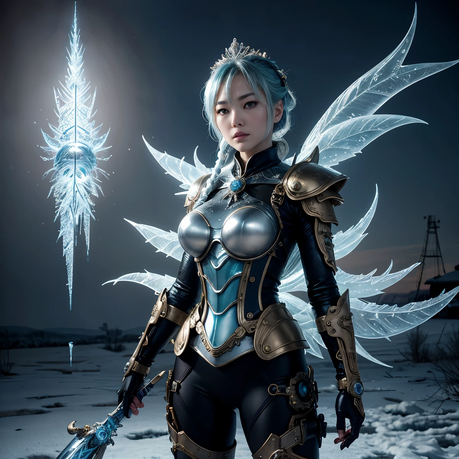 Style by Yuko Shimizu, Masamune Shirow, Inio Asano and Junji Ito. ultra detailed illustration A beautiful Elsa steampunk demon warrior armor with icy blue and white lighting standing in icy field.