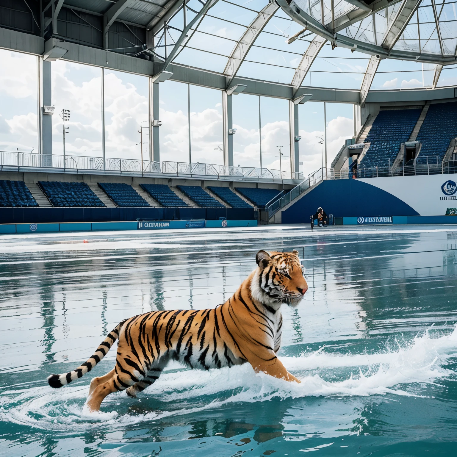 Erstelle ein Bild in welchem ein schwan von einem Tiger gefressen wird vor einer eisarena