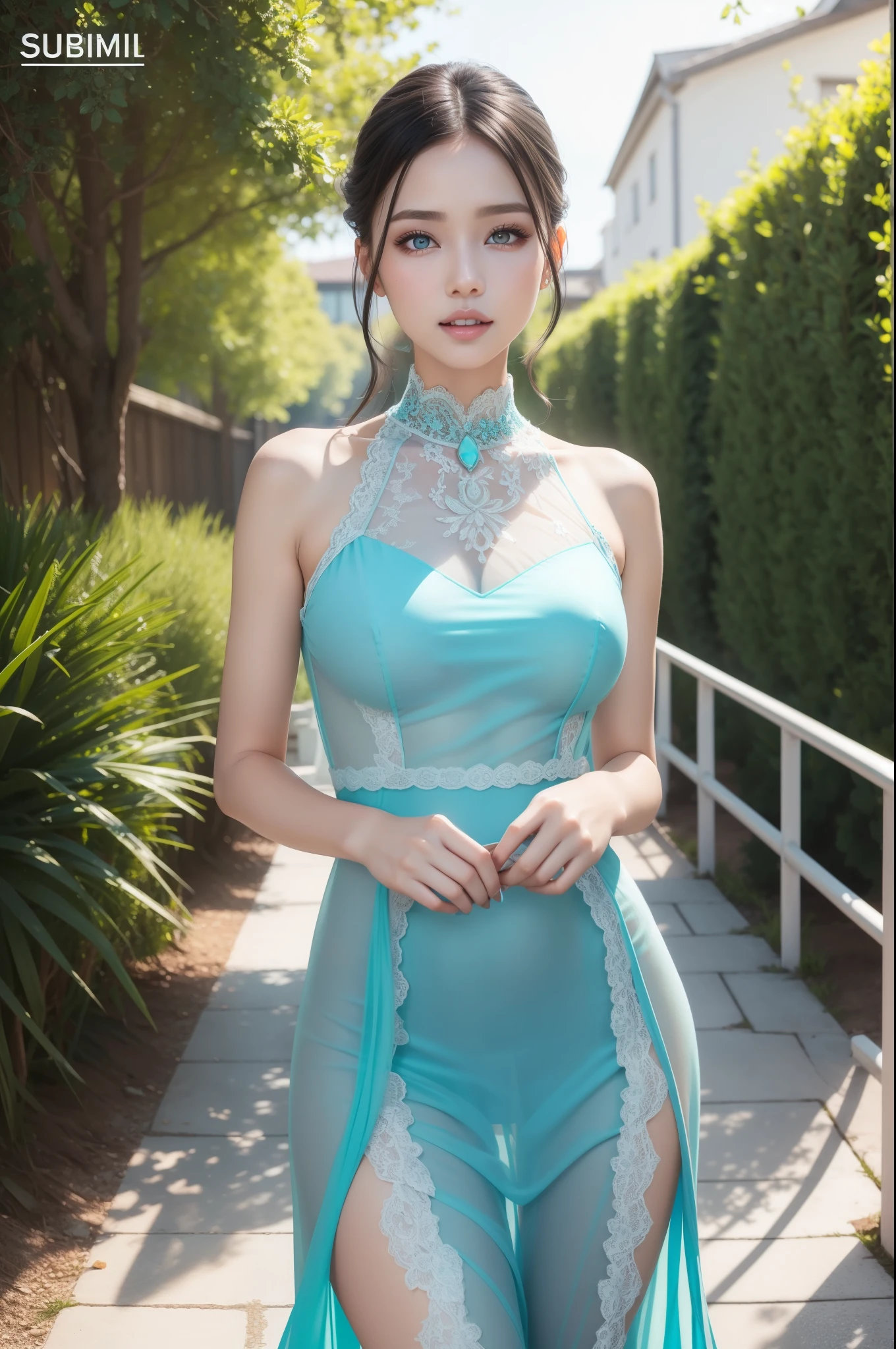 fashion modell, perfect  eyes, Perfect iris, Perfect lips, perfect teeth, flawless skin, Glow, (Subdued Color:1.2), Baby Face Woman, 
Gorgeous dress up, turquoise see-through lace dress,
Standing, outside,
Kamimei, Photorealsitic, 8k picture