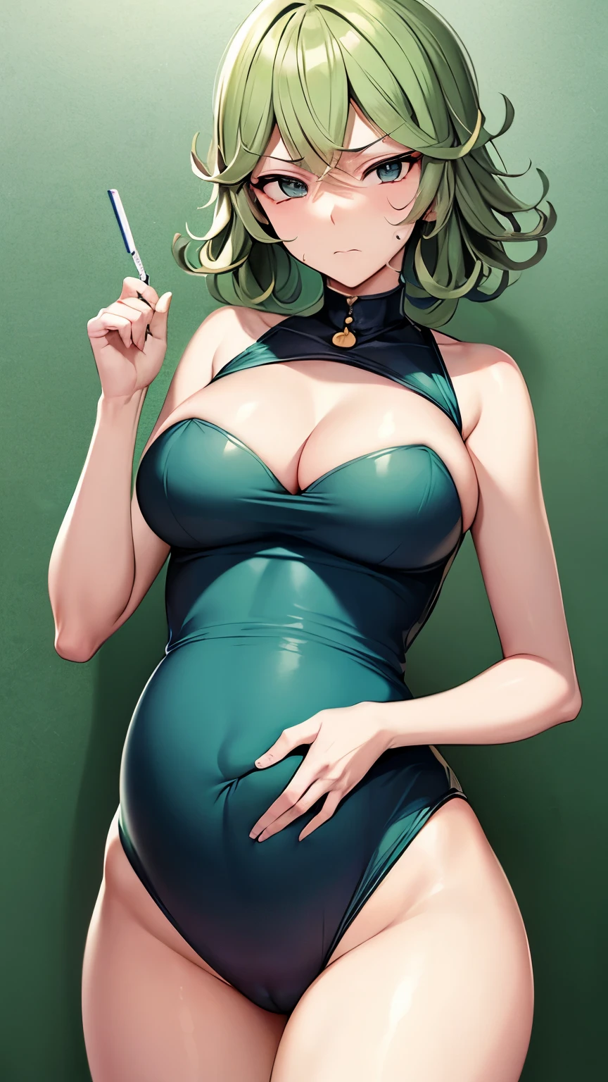 tatsumaki de one puch man, with a pregnancy test in her hand showing it towards the camera and somewhat upset.