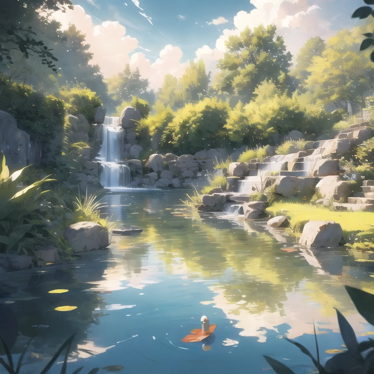 Evening Pond, best quality, masterpiece, very aesthetic, perfect composition, intricate details, ultra-detailed