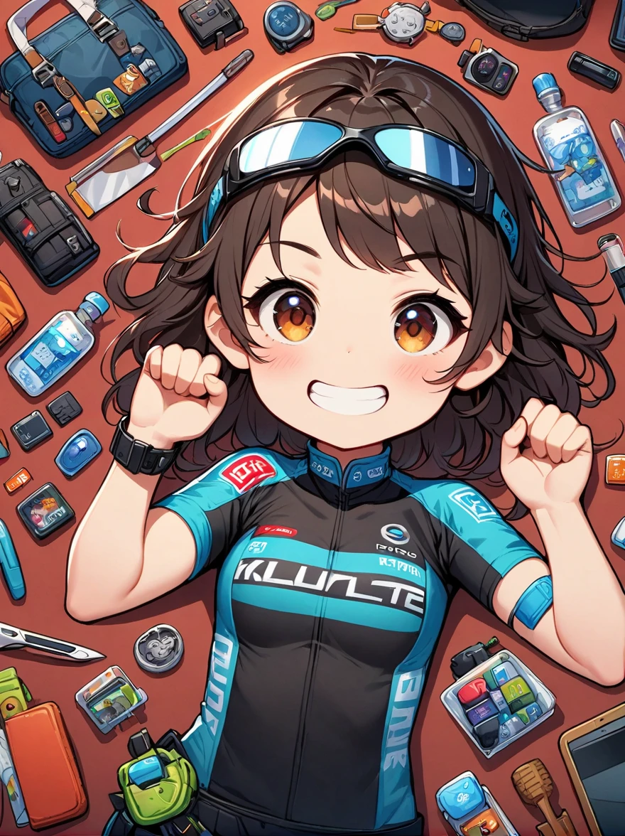 Asian face young girl,laughing expressin,Perfect body,road bike clothing,gear and
accessories,knolling layout organized on a table,person,knolling, Cartoon, pure red background