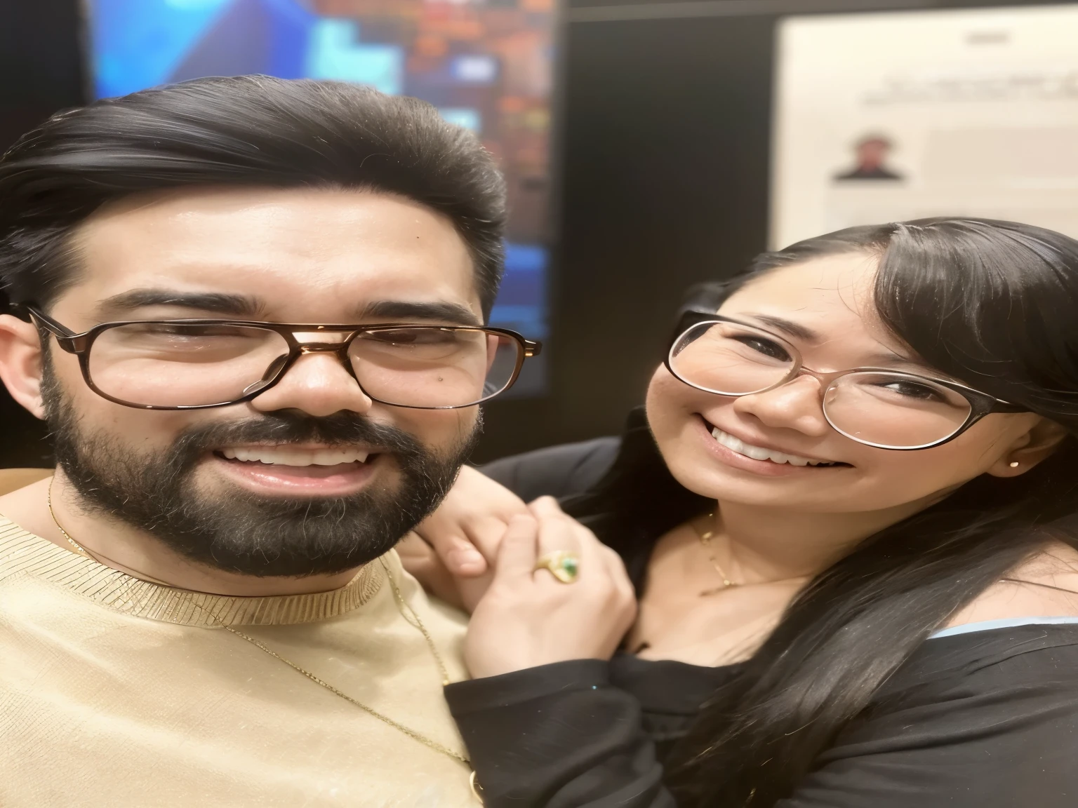 there is a man and a woman who are smiling together, com nerd! copos! e cavanhaque, com nerd copos e cavanhaque, Tyler Edlin e Natasha Tan, with copos e cavanhaque, postagem no reddit, Fotografia selfie 8k, wearing gold copos, instagram post, Jordan Grimmer e Natasha Tan, rob rey and kentarõ miura, post