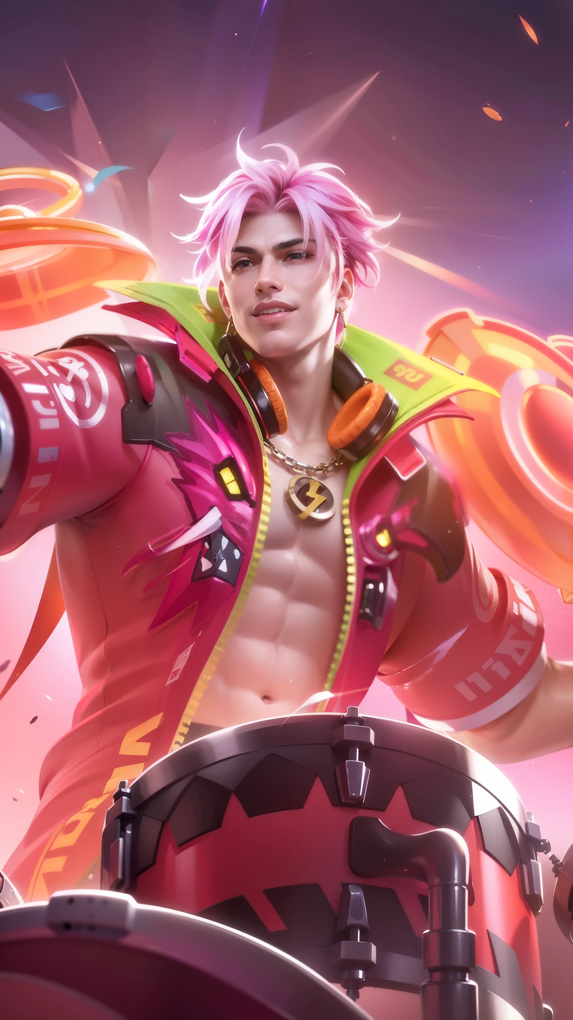 Masculine man, (8k, RAW photo, photorealistic:1.25), best quality, ultra highres, depth of field, chromatic aberration, caustics, Broad lighting, natural shading, ultra detailed texture, hyper realistic, detailed texture, detailed face, detailed skin, detailed hair, real hair, detail eyes, cinematic background, a close up of a man with pink hair and a colorful outfit, earrings in ears, headphone, a man with a pink jacket and a drum in his hand, smile.