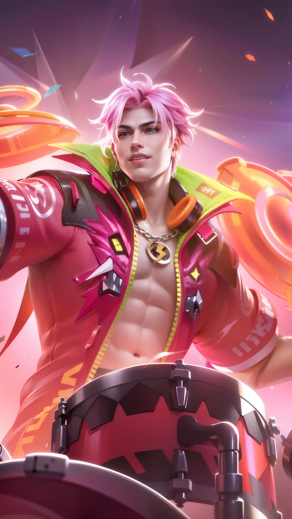 Masculine man, (8k, RAW photo, photorealistic:1.25), best quality, ultra highres, depth of field, chromatic aberration, caustics, Broad lighting, natural shading, ultra detailed texture, hyper realistic, detailed texture, detailed face, detailed skin, detailed hair, real hair, detail eyes, cinematic background, a close up of a man with pink hair and a colorful outfit, earrings in ears, headphone, a man with a pink jacket and a drum in his hand, smile.