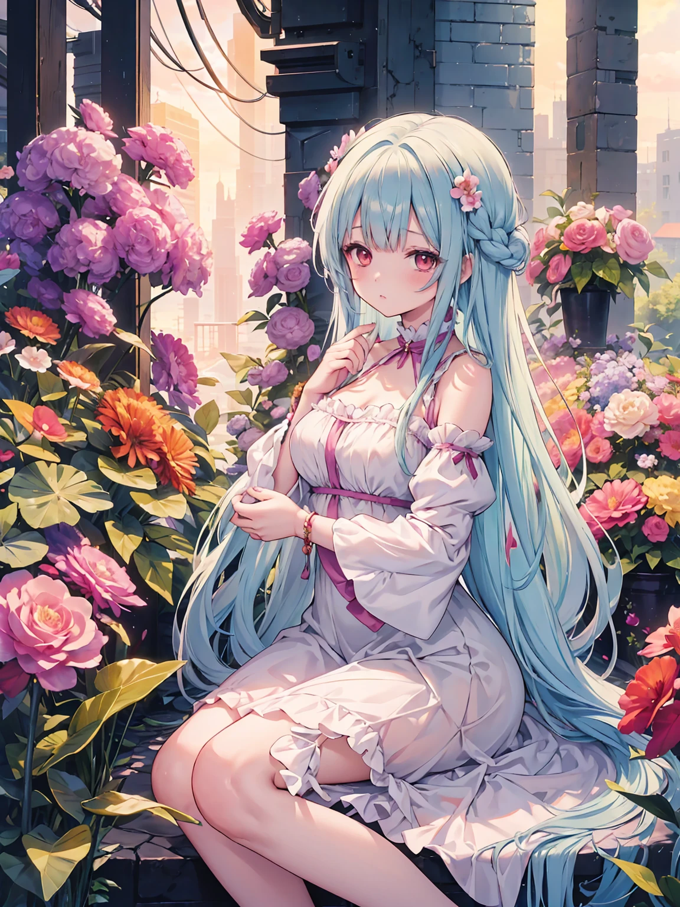 Anime - style girl with long hair and flowers in her hair, Cute anime wife in a nice dress, beautiful anime girl, cute detailed digital art, beautiful anime portrait, Google on pixiv artstation, Gwaites style artwork, Gweiz art station pixiv, detailed digital anime art, anime style 4k