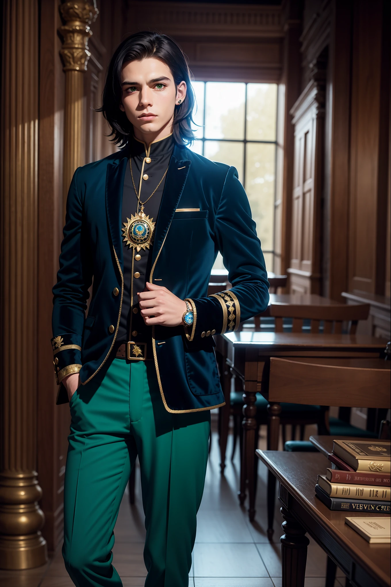 a male aristocrat (athletic figure) from a fictional European medieval aristocracy, a student of the Academy of Magic, looks at us with evil eyes ... (he stands half-turned, hands in pockets), dressed in a student uniform, (dark blue) short jacket made of fabric (velvet) ((gold trim, sleeve patch, jewelry)), (green) trousers, (black) thick hair, stylish hairstyle, green eyes. Magical atmosphere, Magic Academy, ancient library, fantasy art