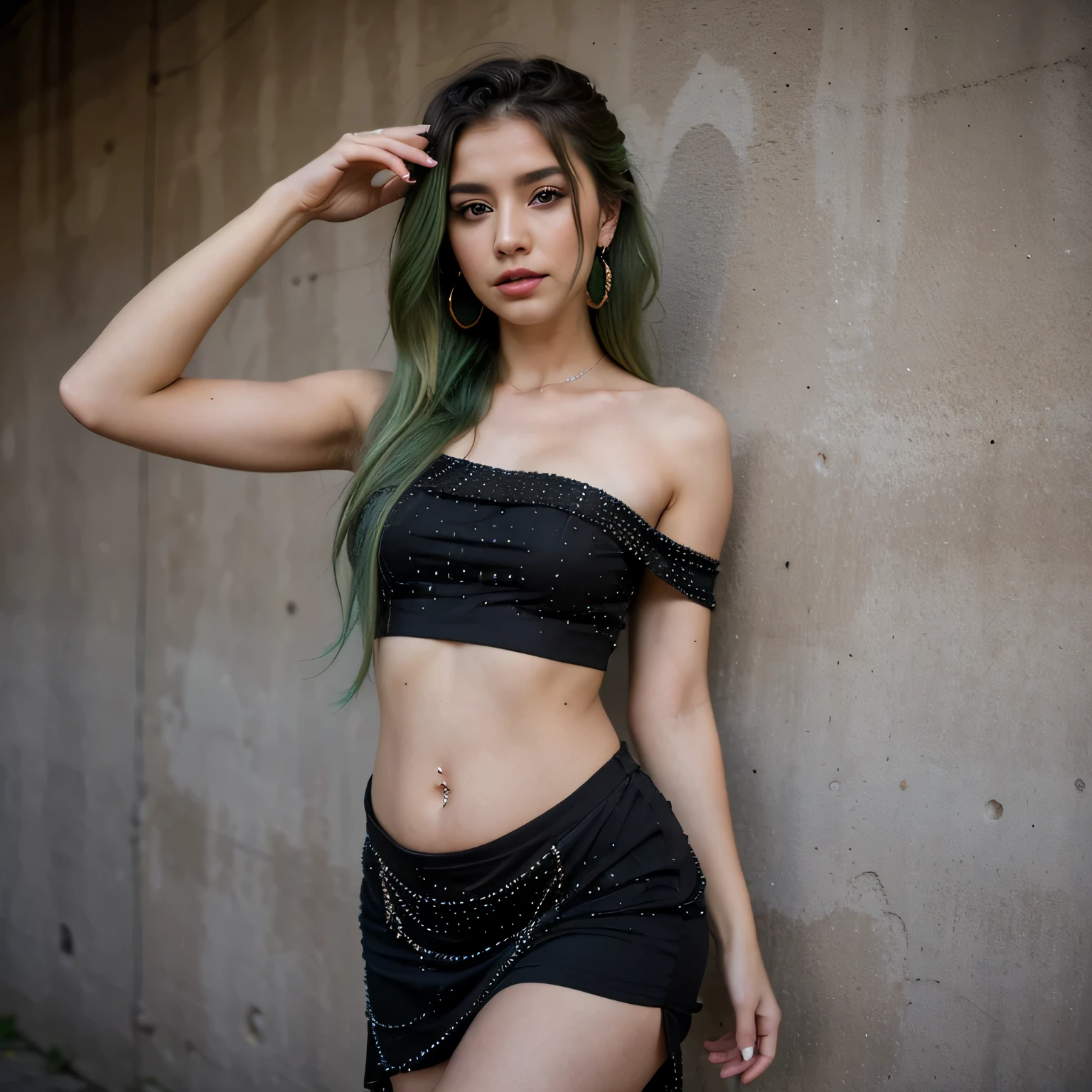 1girls, Nur, green Hair , 24 years old , Stone embellished mesh dress for the whole body.Let the hair be on the right shoulder.Let there be a large stoned belly piercing.Stone earrings with you.