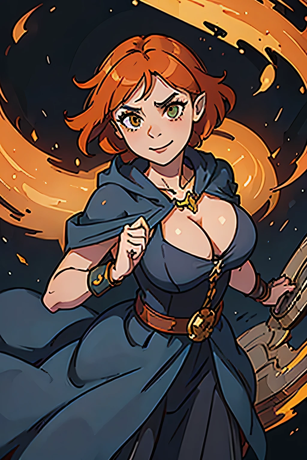 (((masterpiece))), (((best quality))), illustration, single character, game character, rpg character, female character, female necromancer, indigo blue dress with golden details, leather bracers. huge cleavage, gemmed necklace. side butt. underbum. wide hips. up turned hips. Side hips exposed. wavy short hair. orange short hair, slightly pointy ears, yellowgreen eyes, naughty face expression. smile. attittude woman. open hooded black cloak. orange hair. aggressive posing. energy aura. dungeon background, flat color background, anime character, 8k, awesome quality
