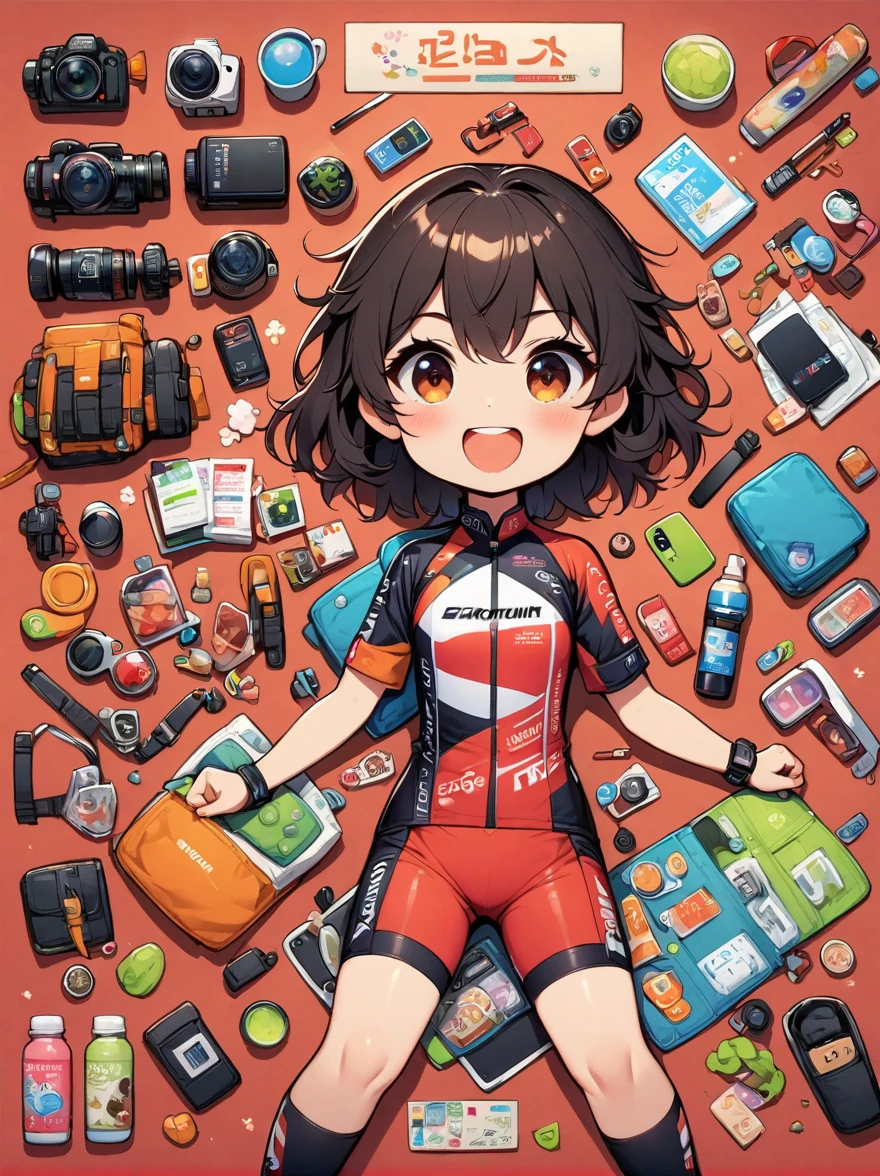 Asian face young girl,laughing expressin,Perfect body,road bike clothing,gear and
accessories,knolling layout organized on a table,person,knolling, Cartoon, pure red background
