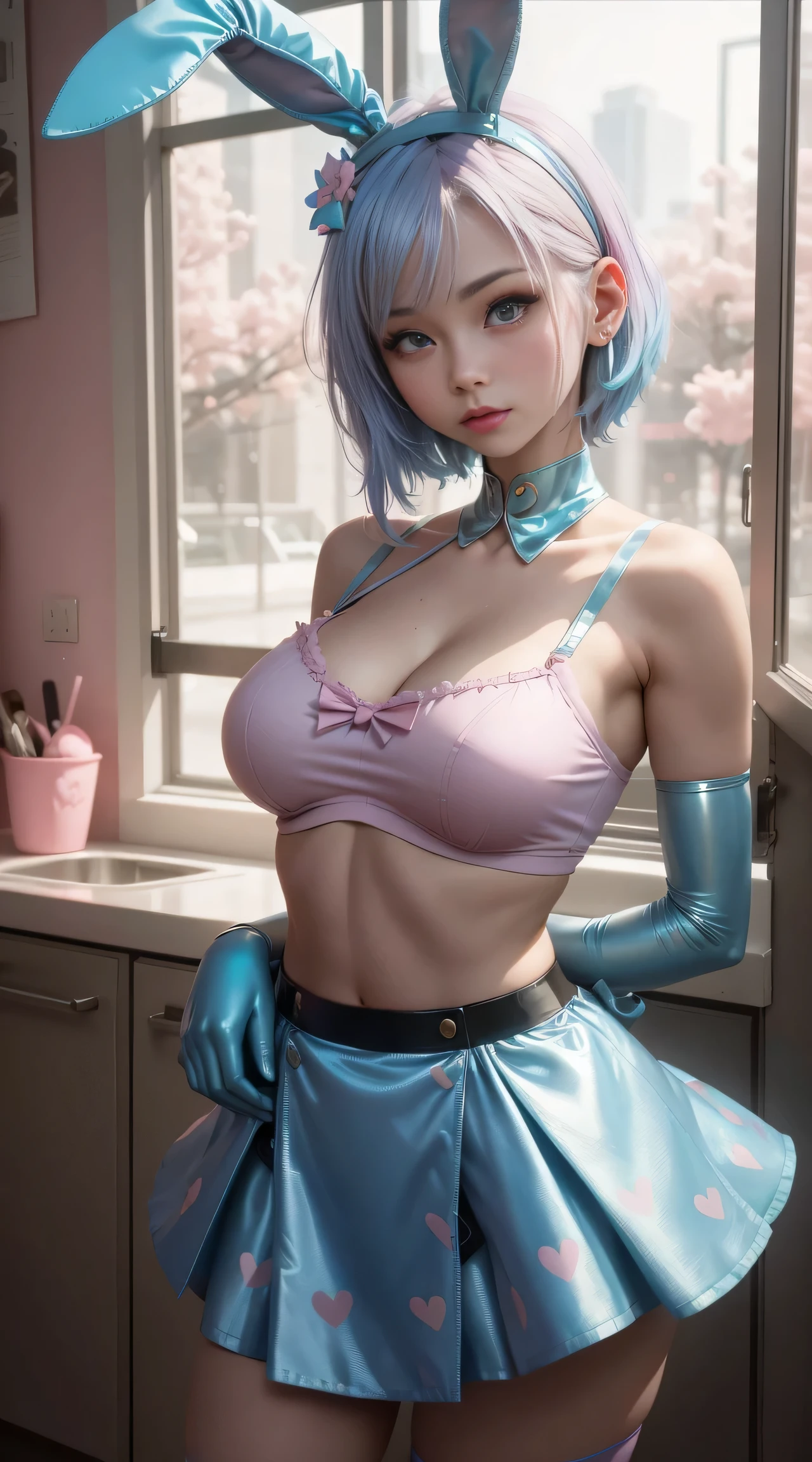 sfw, Bunny Girl, A girl, 18yr, Tiffni blue hair, Tiffni blue hair, short hair, (with metallic rabbit ears headband: 1.2), full body, (delicate features: 1.5), wearing a dreamy surrealist created skirt, the color of the skirt is Tiffni blue and pink gradient, surrounded by pink marshmallow like coral, dancing above a few pink dotted with black butterflies, the overall environmental tone is Tiffni color, surrealist style, art photo, Wonderland, Tiffni's Dream, pastel dream, wearing bra,((skinny waist)), young asian girl, ((big breasted)),