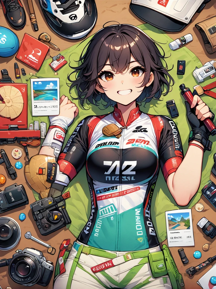 Asian face young girl,laughing expressin,Perfect body,road bike clothing,gear and
accessories,knolling layout organized on a table,person,knolling, Cartoon, pure red background