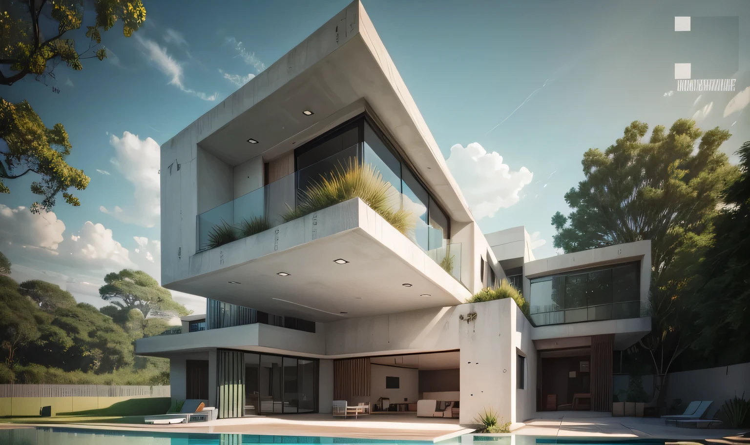 there is a pool in the backyard with a tree in the middle, concrete architecture, very vanish, and new, recently built, white walls, architectural shot, archdaily, brutal concrete architecture, inter dimensional villa, contemporary architecture, concrete housing, arborescent architecture, concrete, brutalist shiro, arhitectural shot, well-designed masterpiece, by Matteo Pérez, pablo olivera, open wall architecture