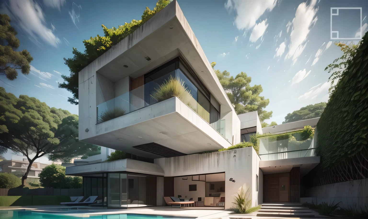 there is a pool in the backyard with a tree in the middle, concrete architecture, very vanish, and new, recently built, white walls, architectural shot, archdaily, brutal concrete architecture, inter dimensional villa, contemporary architecture, concrete housing, arborescent architecture, concrete, brutalist shiro, arhitectural shot, well-designed masterpiece, by Matteo Pérez, pablo olivera, open wall architecture