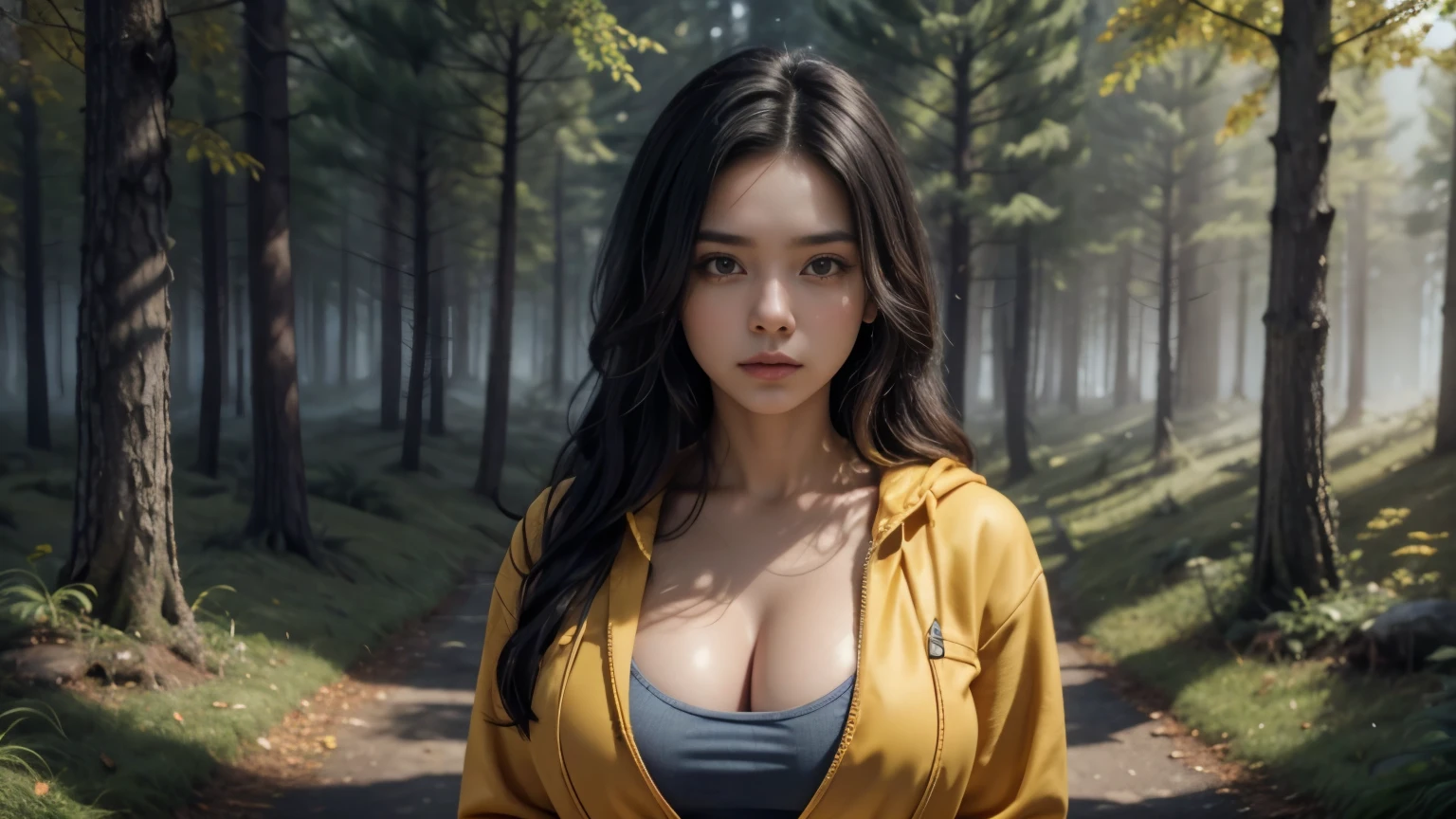 Best quality, masterpiece, Beautiful, two young latina woman, looking straight at viewer, wearing simple shirt and jeans, open yellow jacket on top, posing on path, professionalism,  age, detailed face, detailed body, symmetric face, big cute eyes, cute face, dynamic pose, tattooed hands, deep cleavage, perfect anatomy, photorealistic, curvy body, black braid hair, 8k, ultra realistic, foggy autumn forest background, wide desktop wallpaper, ambient occlusion