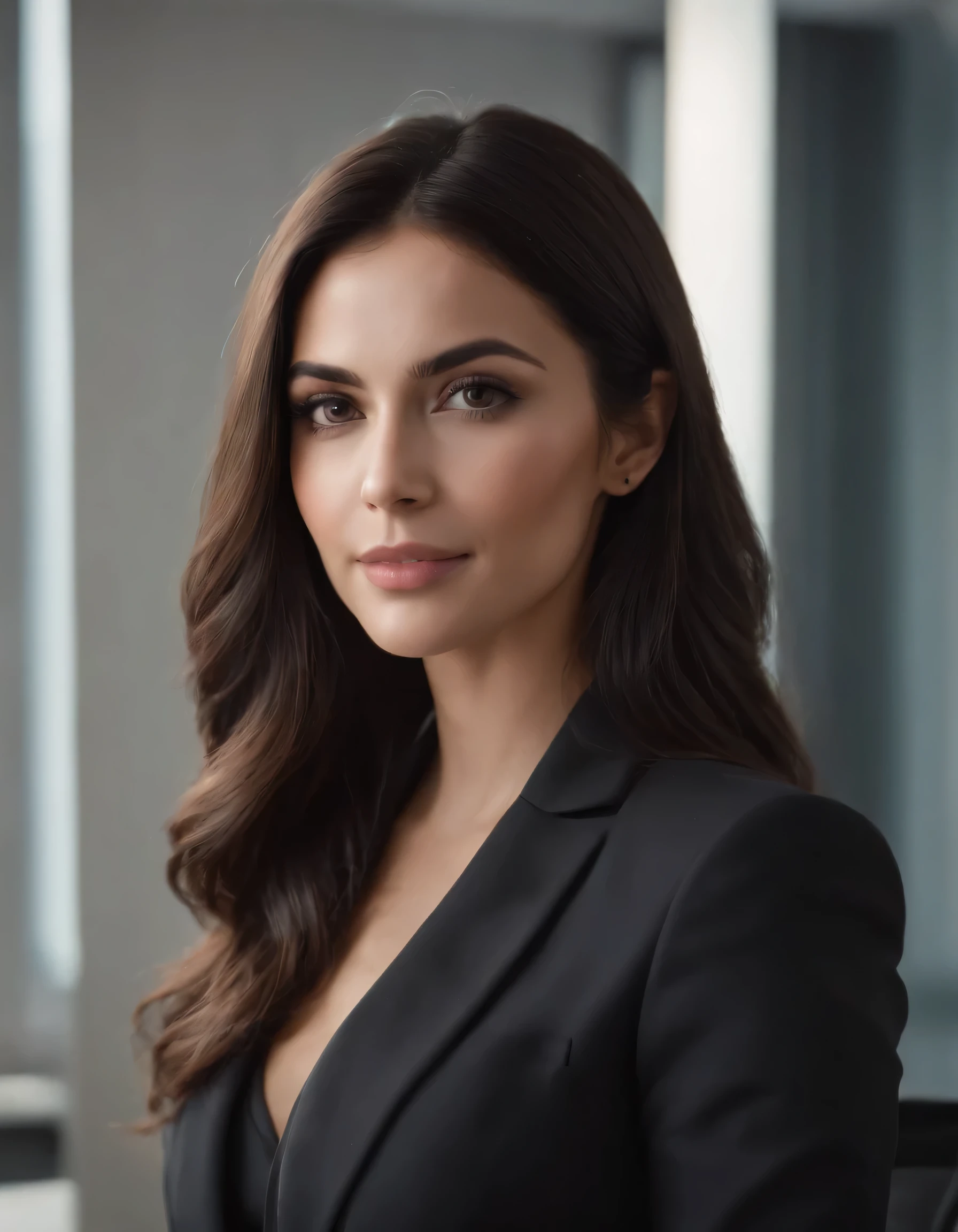 foto realista mulher morena sorrindo cabelos longos ondulados roupa de executiva, Black suit in office with face facing forward oval face