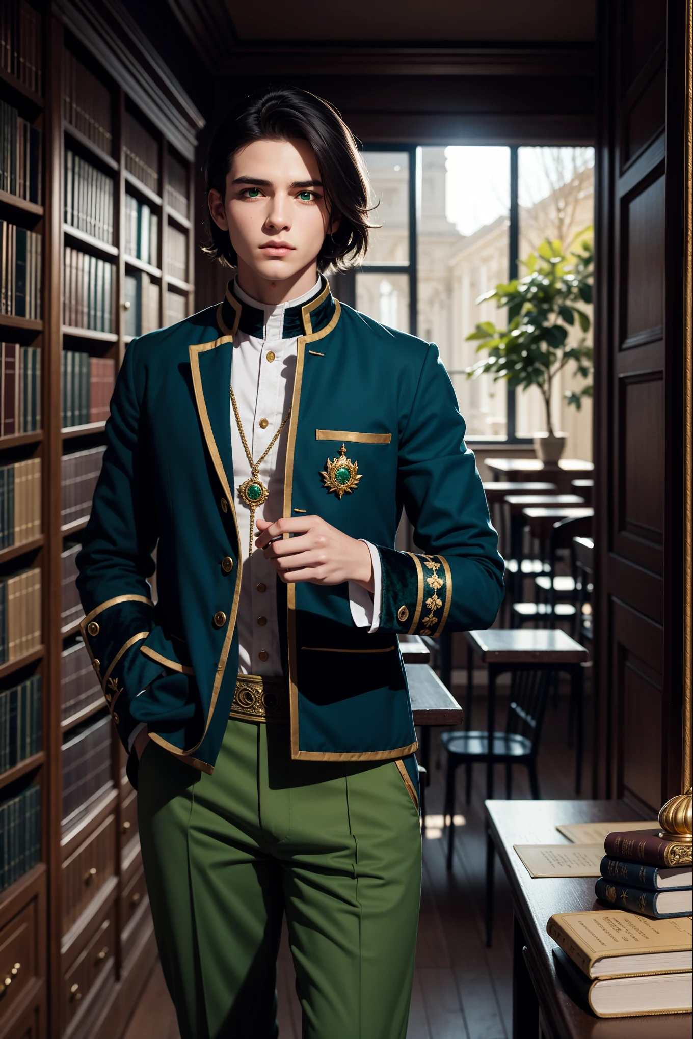 a male aristocrat (athletic figure) from a fictional European medieval aristocracy, a student of the Academy of Magic, looks at us with evil eyes ... (he stands half-turned, hands in pockets), dressed in a student uniform, (dark blue) short jacket made of fabric (velvet) ((gold trim, sleeve patch, jewelry)), (green) trousers, (black) thick hair, stylish hairstyle, green eyes. Magical atmosphere, Magic Academy, ancient library, fantasy art