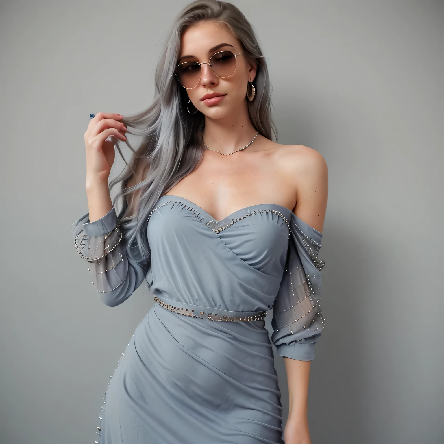 A very beautiful young woman, looking very beautiful, with her hair in shades of grey-blue in a 1.3 ombre style, taken with an iPhone camera, the photo has a film grain effect and is of medium quality. Stone embellished mesh dress for the whole body.Let the hair be on the right shoulder.Let there be a large stoned belly piercing.Stone earrings with you.