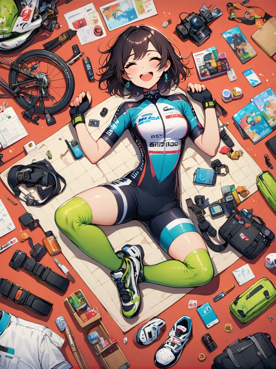 Asian face young girl,laughing expressin,Perfect body,road bike clothing,gear and
accessories,knolling layout organized on a table,person,knolling, Cartoon, pure red background