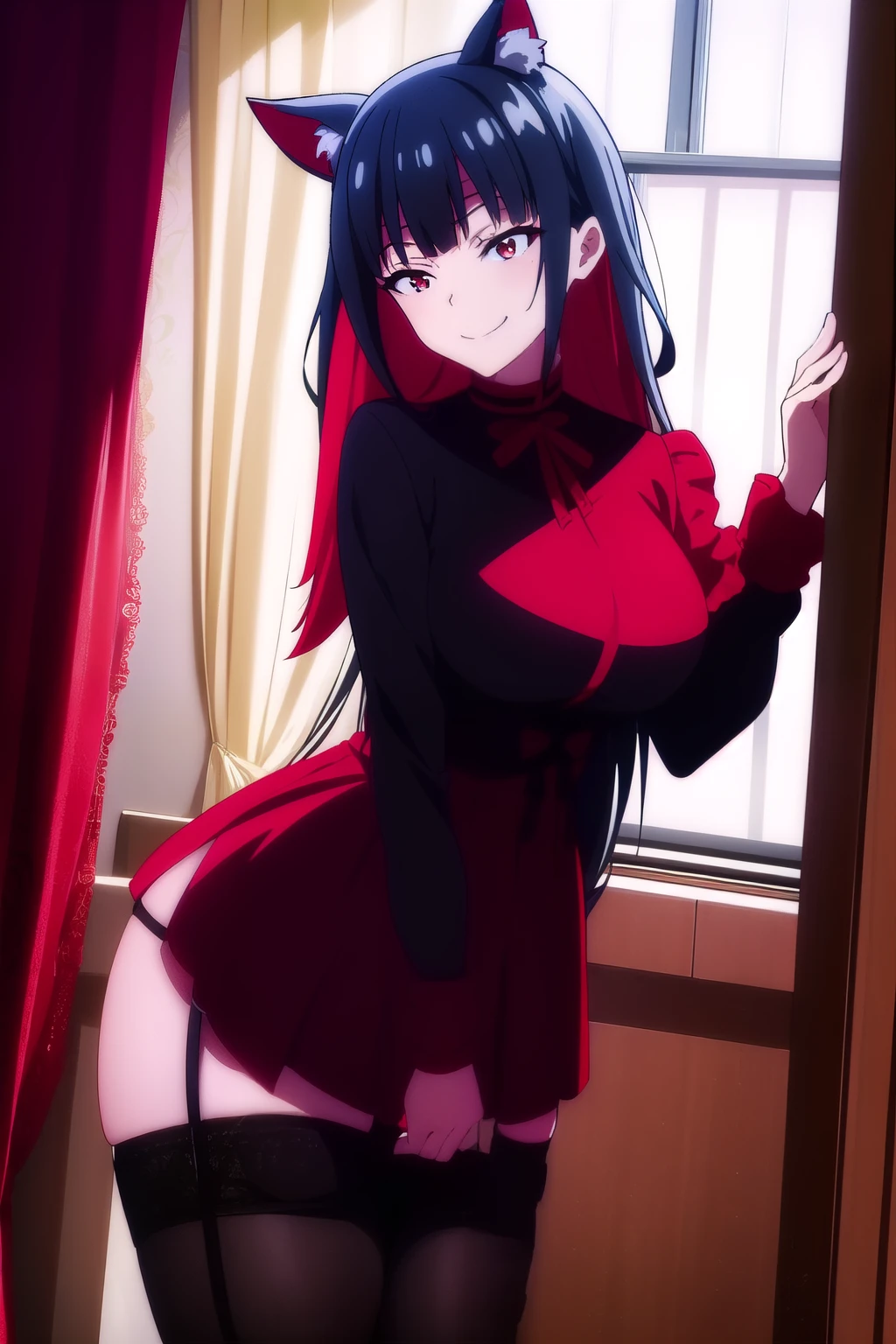 anime girl in a red dress with black cat ears and a red hood, smiling seductive anime girl, rin tohsaka, anime moe artstyle, attractive anime girl, anime girl wearing a black dress, anime best girl, cute anime waifu in a nice dress, an anime girl, beautiful anime girl squatting,  in dress, anime visual of a cute girl