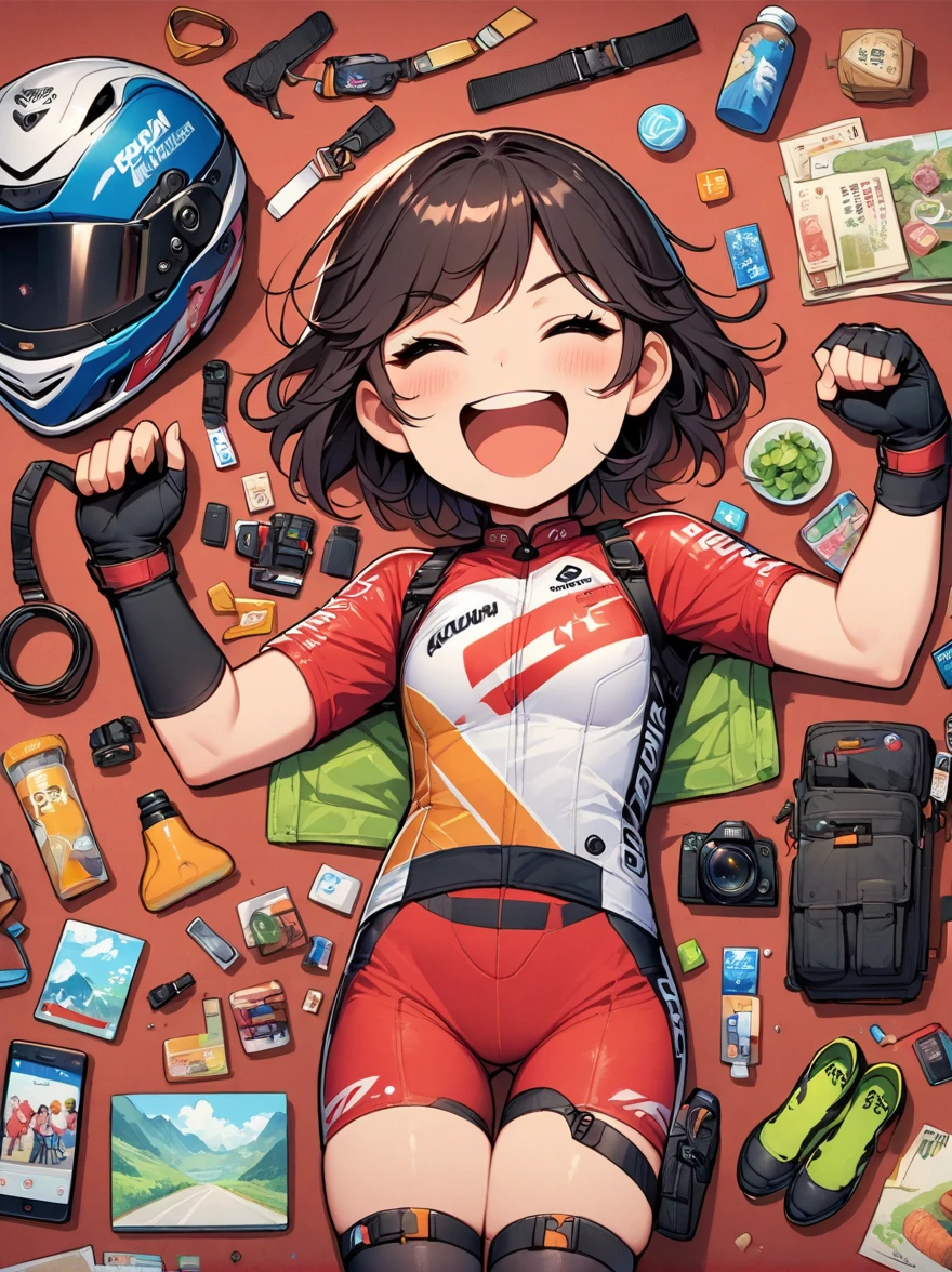 Asian face young girl,laughing expressin,Perfect body,road bike clothing,gear and
accessories,knolling layout organized on a table,person,knolling, Cartoon, pure red background