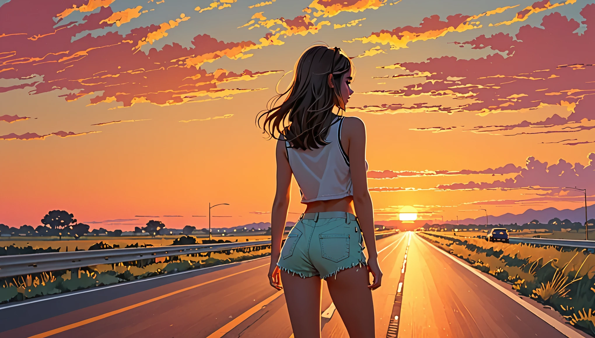 a girl, 1 girl, highway,sunset,short shorts, big natural, ultra-detailed:1.4,8k,(best quality,masterpiece:1.2),perfect,best art,sunset color palette, retro style