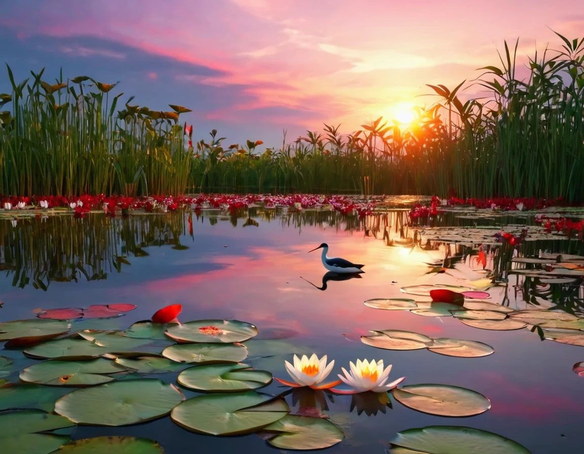 a beautiful pond in the evening, with white and red water lilies, a bird that wants to catch a fish, a beautiful sunset, reeds, very detailed, 8k quality.