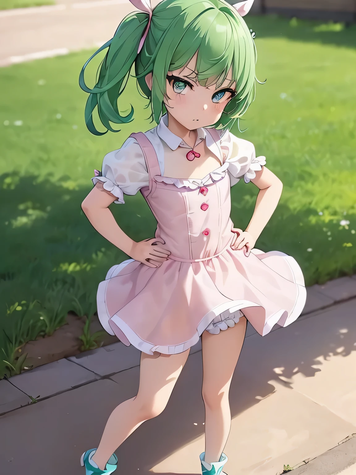 highest quality、ultra high resolution、Professional specifications、green hair,green eyes、cry、(collar),(lead)、((elementary school girl))、((flat chest))、medium hair、((The outline shines))、((stand with hands on hips:1.5))、((From under her feet:1.8))、small ass、((white panties))、school classroom、((10 years old))、****con、(((spread your legs wide)))、turned up skirt、panties close up、pink and white dress、Children&#39;s wear、red ribbon、(((Transparent)))