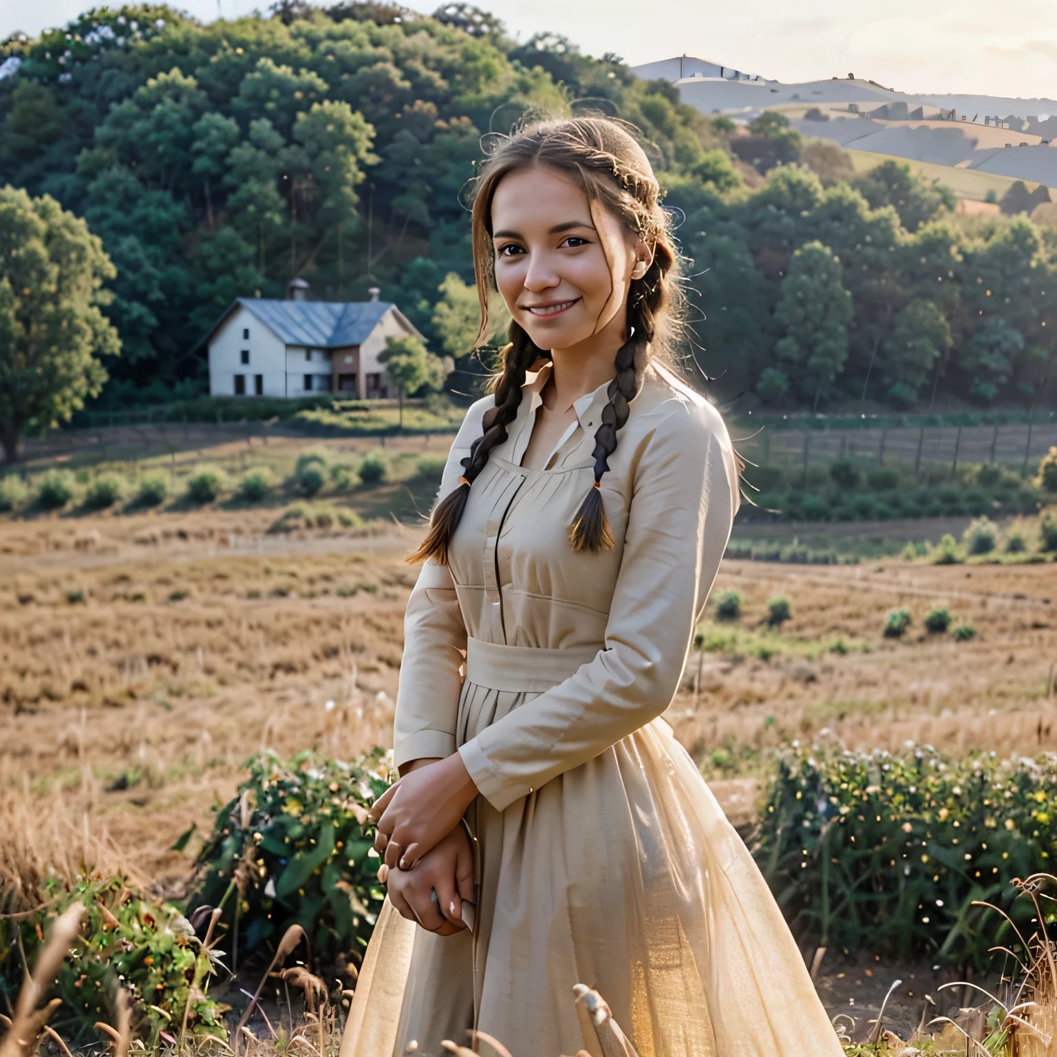 1 garota, 20 anos de idade, alto e atraente, usando um lindo vestido country, Braided hair, standing in a rustic farm setting. Ela tem uma suavidade, sorriso gentil e olhos expressivos. In the background are charming barns, golden wheat fields and clear blue sky. The composition should be bathed in the warm light of the golden hour, with smooth depth of field and smooth bokeh to accentuate the idyllic tranquility. Capture images as if they were shot on vintage 35mm film for added power, filmg,