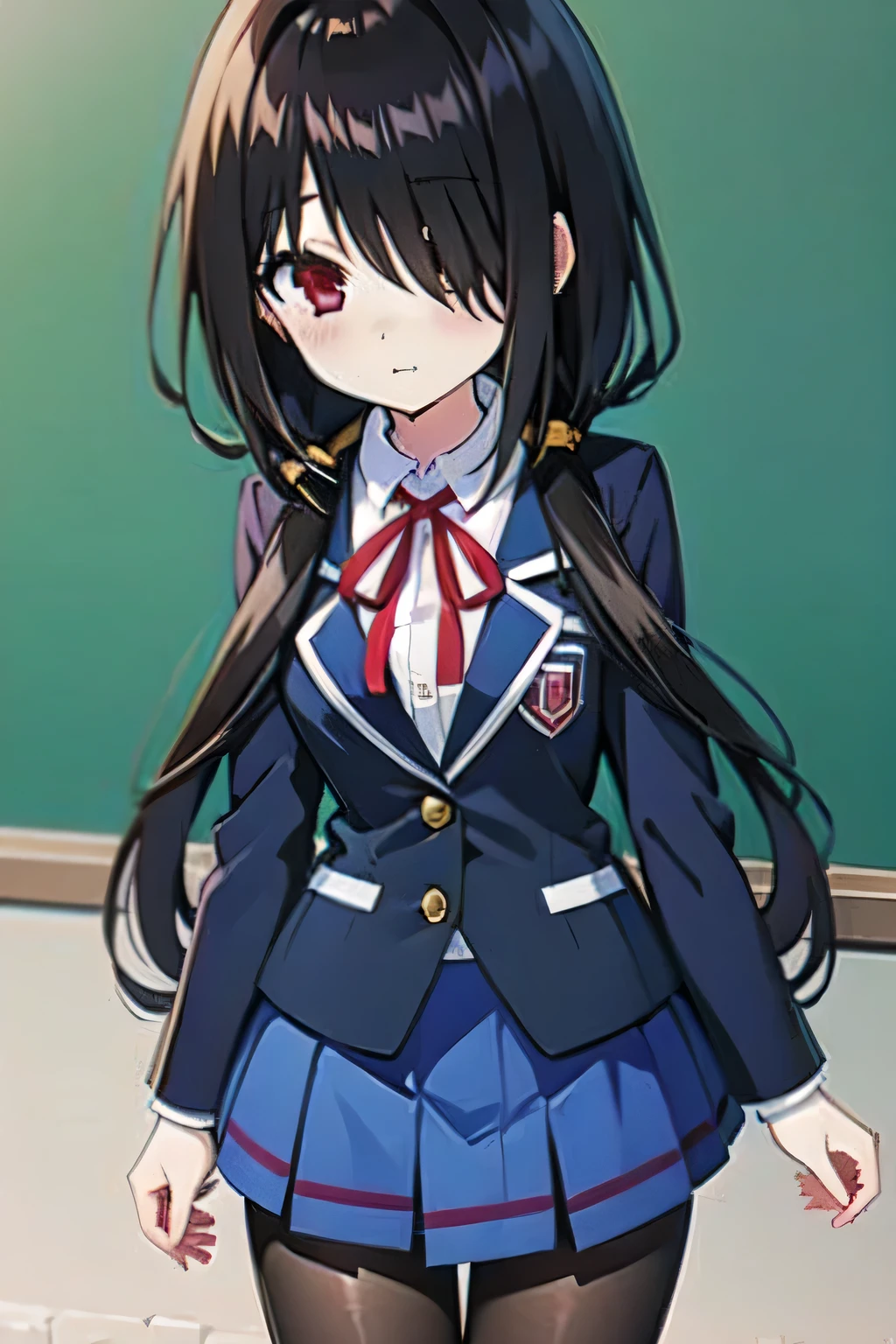 one-girl,tokisaki kurumi,black hair,long hair,double tail,red eyes,hair over one eye,JK,blue skirt,short skirt,black stockings,skirt lift,show off panties,school stairs,nsfw
