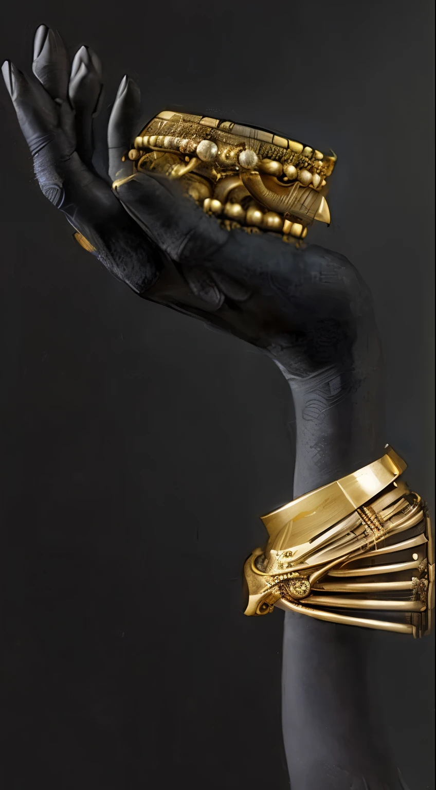 Artwork in the style of Vladimir Kush, WLOP and James Jean highly detailed and intricate portrayal of a mechanical or cybernetic face, likely inspired by steampunk and futuristic themes. The face, appears, African features, metallic and mechanical components, gold