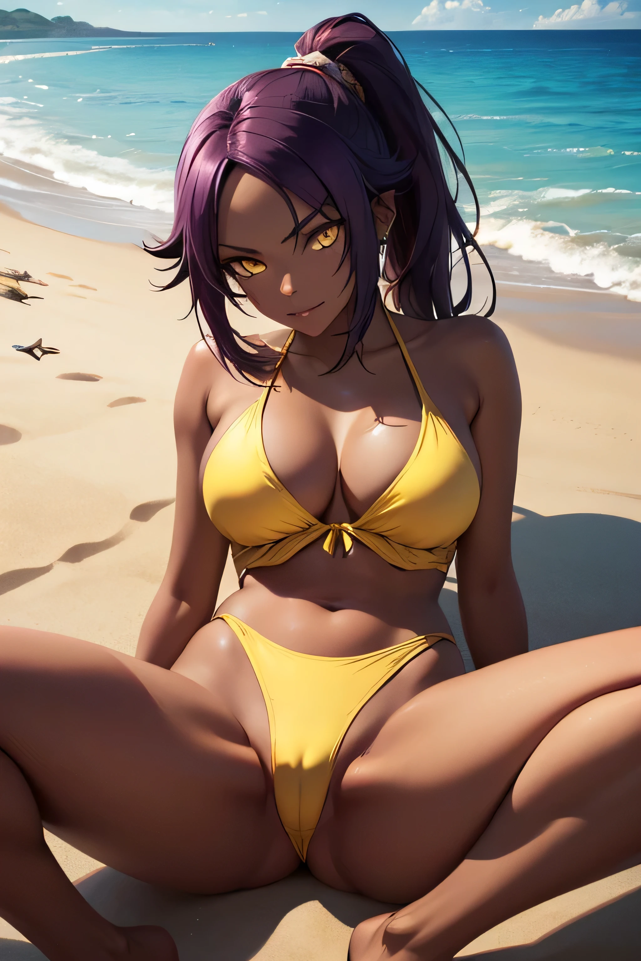 absurdres, high res, ultrasharp, 8K, {masterpiece}, expressive eyes, extremely detailed, best quality, perfect face, yoruichi shihouin, long hair, (yellow eyes:1.5), ponytail, purple hair, dark skin, dark-skinned female, large breasts, pleased, beach, monokini, spread legs,