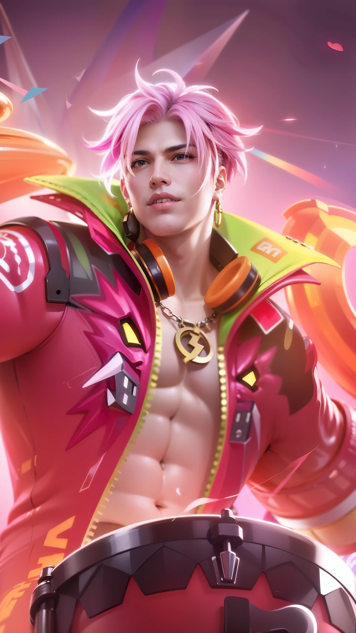 Masculine man, (8k, RAW photo, photorealistic:1.25), best quality, ultra highres, depth of field, chromatic aberration, caustics, Broad lighting, natural shading, ultra detailed texture, hyper realistic, detailed texture, detailed face, detailed skin, detailed hair, real hair, detail eyes, cinematic background, a close up of a man with pink hair and a colorful outfit, earrings in ears, headphone, a man with a pink jacket and a drum in his hand, evil, scary