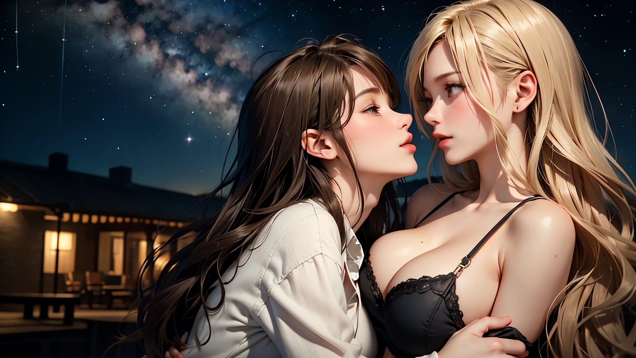 (((best quality))),masterpiece,ultra high resolution,(ultra high definition),(movie quality:1.3),(movie lighting),(low light environment:1.4),Female love couple at night(((Under the Milky Way)))Suburban women kissing, (SFW) Work, kissing together cutely, (((Girl Love Art))), OPPEIN, Side milk, Slightly saggy big breasts, small breasts, (((Very long wavy blonde hair))), (((Straight brown hair with side bangs))), (girl love kiss), The mouth is very detailed,  (girl love hug), touch her hand, touch her clothes, touch her breasts, (((Hands touching her breasts))), sit on lap, Long hair fluttering in the wind, SFW version