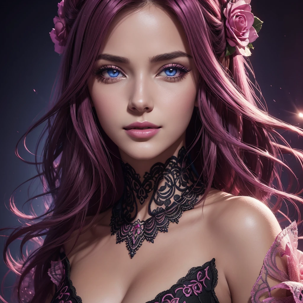 Portrait, belle femme aux cheveux noirs et une robe rose soyeuse, chiffre de sablier, symmetrical figure, very detailed face, beau visage, yeux bleus apaisants, lush pink lips, souriant, Attractive, superbe illustration numérique, fond de fantaisie cosmique, beautiful digital artwork, magenta lighting, glossy digital painting, Gorgeous digital art, Detailed digital art 4k, beautiful digital illustration, Highly detailed 4K digital art, beautiful digital art, realistic digital art 4k, realistic digital art 4k, digital art'air-brush