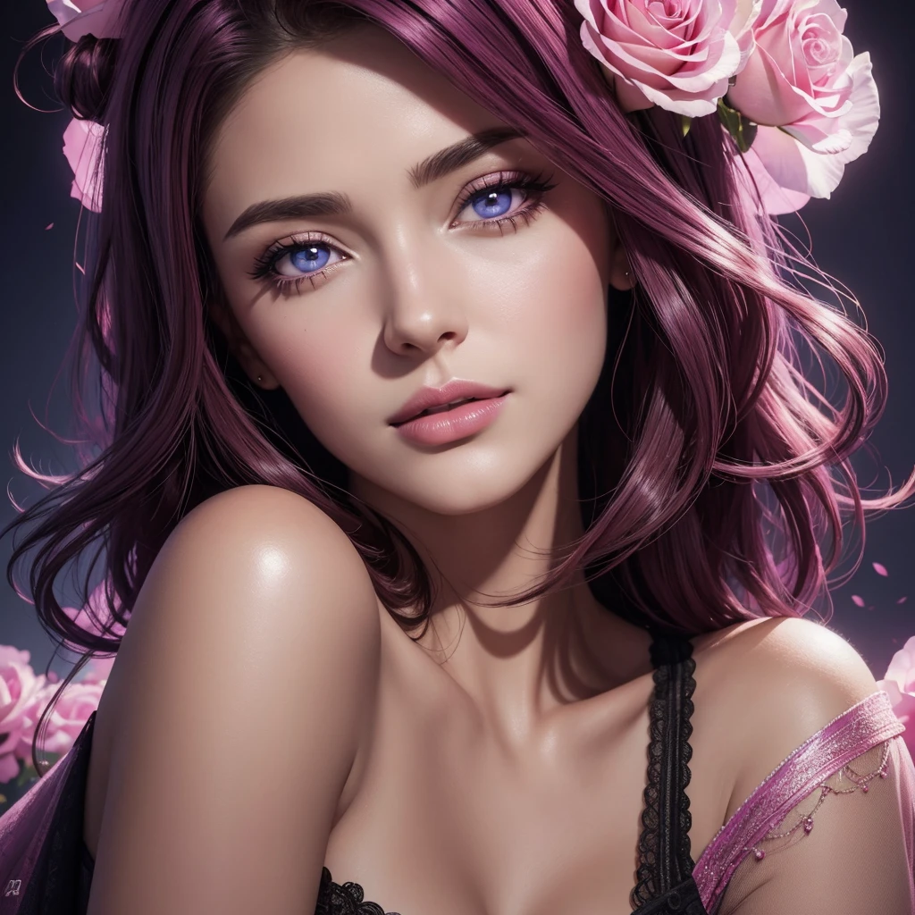 Portrait, belle femme aux cheveux noirs et une robe rose soyeuse, chiffre de sablier, symmetrical figure, very detailed face, beau visage, yeux bleus apaisants, lush pink lips, souriant, Attractive, superbe illustration numérique, fond de fantaisie cosmique, beautiful digital artwork, magenta lighting, glossy digital painting, Gorgeous digital art, Detailed digital art 4k, beautiful digital illustration, Highly detailed 4K digital art, beautiful digital art, realistic digital art 4k, realistic digital art 4k, digital art&#39;air-brush