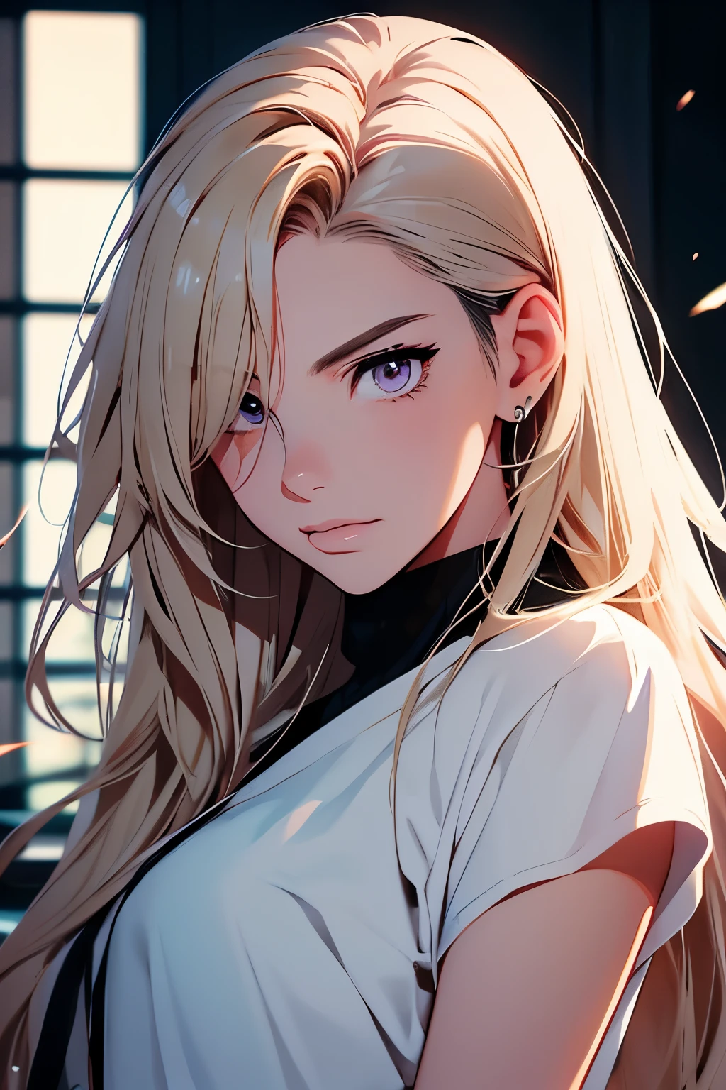 2d illustration, anime, a painting portrait in fine arts, in manhwa style, Bishamon from noragami, 1girl, blond hair, long hair, big hair, eye patch, shopped undercut pixie, makeup, purple eyes, dutch angle, beautiful, high definition, masterpiece, best quality, high detail, high detailed eyes, grain filter, {{confident smile}}, Detailed lips