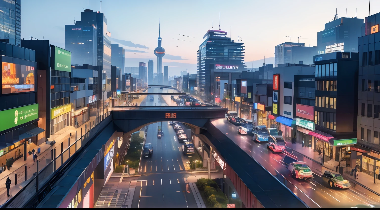 (8K), (best quality), (muste piece: 1.2) (future city:1.2), (shambhala city), advanced architecture, busy street, vertical garden, high tech skyscraper, futuristic transportation system, flying vehicle, floating platform, Technology-driven society, neon light, holographic display, energetic atmosphere, Bright colors, sophisticated design, glass facade, lively market, Advanced AI system, clean energy source, sustainable infrastructure, efficient public transport, elevated walkway, Helicopter shot, vast skyline, innovative urban planning, Seamless integration of nature and technology, architectural wonder, smart city technology, automation service, cutting edge advances, Harmonious coexistence of humans and machines, utopian vision.