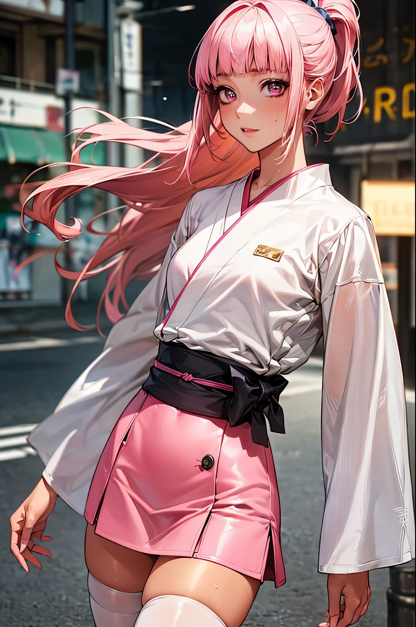 ((perfect anatomy,realistic,:1.3,RAW Photography:1.3,masterpiece、highest quality、Ultra - High resolution、High resolution、Highly detailed CG、8K)),cowboy shot,1 female,solo,20 year old beauty,((beautiful detailed face and eyes,big gorgeous eyes),pink eyes,(pink hair,ponytail,long hair,forehead,blunt bangs,straight hair)),(medium breasts,slender body,small head,skinny,tan skin,gleaming skin,shiny skin,sweat),(white kimono、white mini skirt,pink _thighhighs),on street,Tokyo、
