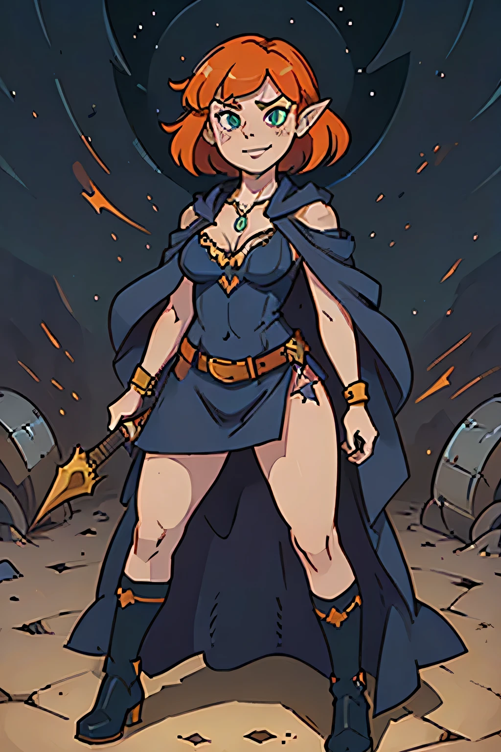 (((masterpiece))), (((best quality))), illustration, single character, tall girl. game character, rpg character, female character, female necromancer, indigo blue dress with golden details, leather bracers. huge cleavage, gemmed necklace. small breasts. side butt. underbum. wide hips. up turned hips. Side hips exposed. wavy short hair. orange short hair, slightly pointy ears, yellowgreen eyes, naughty face expression. big smile. attittude woman. open hooded black cloak. orange hair. aggressive posing. energy aura. dungeon background, flat color background, anime character, 8k, awesome quality