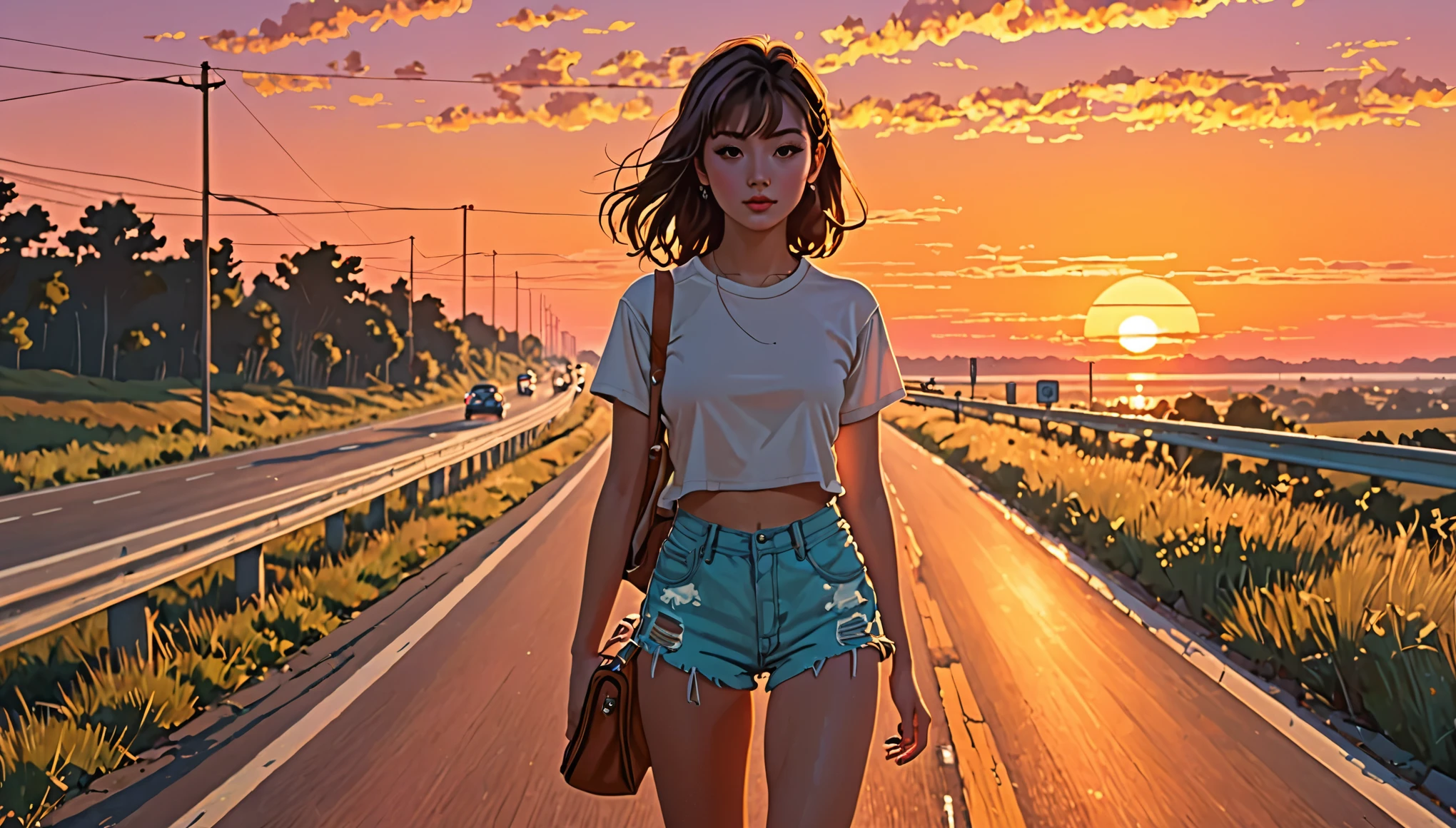 a girl, 1 girl, highway,sunset,short shorts, big natural, ultra-detailed:1.4,8k,(best quality,masterpiece:1.2),perfect,best art,sunset color palette, retro style
