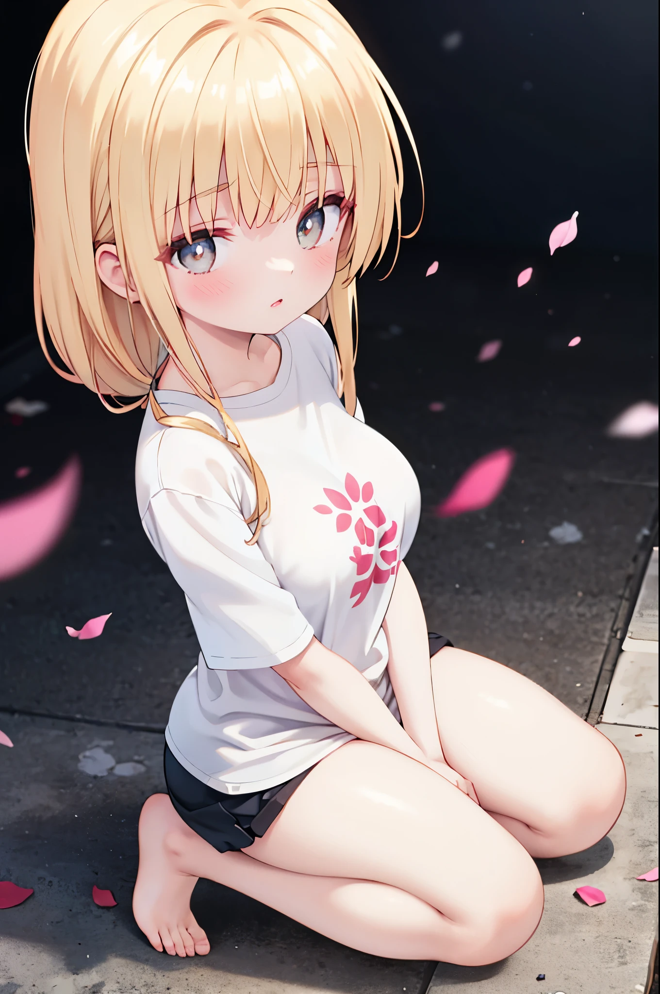 realistic image, coherent image, detailed image, 1 beautiful girl. She has blonde hair, long thin hair. Caramel eyes, long eyelashes. Her face is oval and delicate. She is wearing an oversized t-shirt. bare legs She has a curvy body, medium breasts and thick thighs. flower petals falling around her. view of her full body. black background, uniform background. ambient light, volumetric light,