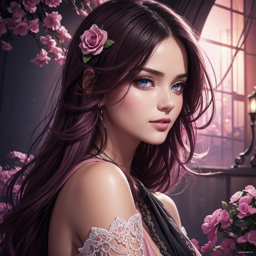 Portrait, belle femme aux cheveux noirs et une robe rose soyeuse, chiffre de sablier, symmetrical figure, very detailed face, beau visage, yeux bleus apaisants, lush pink lips, souriant, Attractive, superbe illustration numérique, fond de fantaisie cosmique, beautiful digital artwork, magenta lighting, glossy digital painting, Gorgeous digital art, Detailed digital art 4k, beautiful digital illustration, Highly detailed 4K digital art, beautiful digital art, realistic digital art 4k, realistic digital art 4k, digital art'air-brush