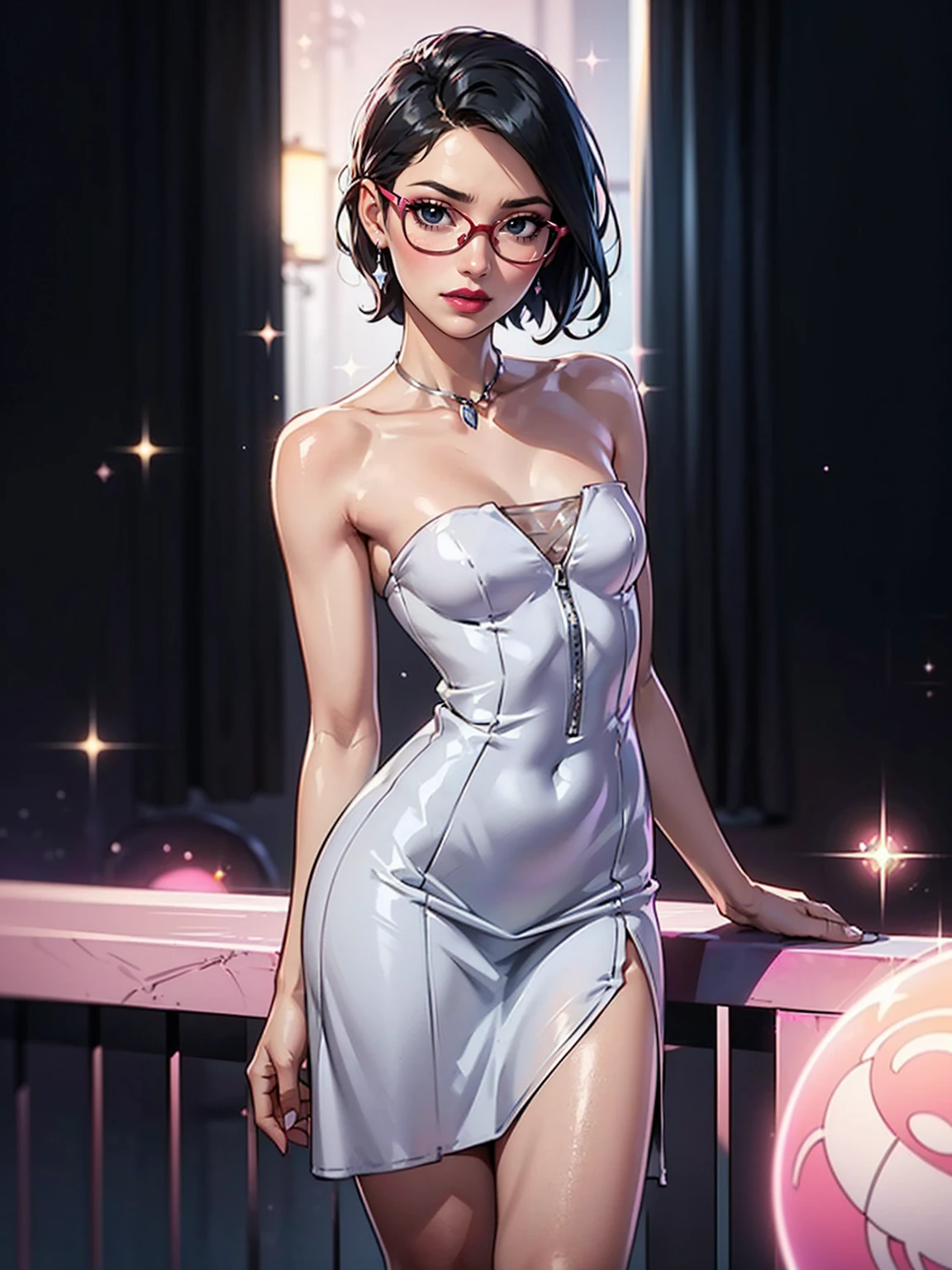 (1girl, solo, alone), (WakatsukiRisa, Sarada Uchiha, black hair, short hair, black eyes, red glasses), ((solo, (1woman, (small bust),pink lipstick, black eyes), Extremely detailed, ambient soft lighting, 4k, perfect eyes, a perfect face, perfect lighting, a 1girl)), ((fitness, shapely body, athletic body, toned body)), ((silver dress, ((((Strapless Midi Dress)), sparkling dress)), posing on a railing, diamond shimmering dress, wearing silver dress, fancy silver dress, sexy dress, tight dress, wearing a sparkling dress,  gray dress, glitter dress, skintight dress, short dress, sparkly, portrait demi rose, violet myers, short minidress, shiny and sparkling, revealing stylish dress, tight attire))