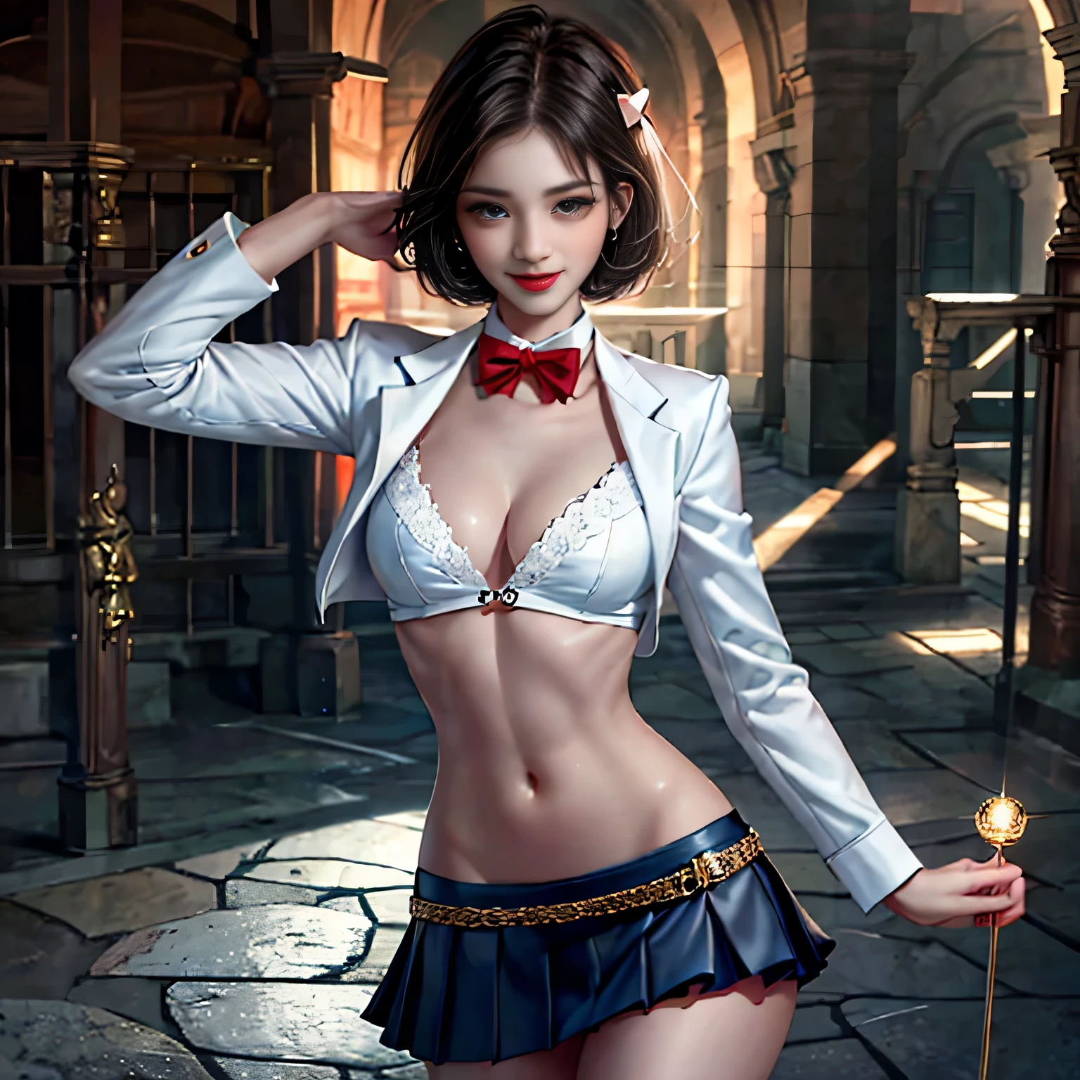 ((Girls standing in front of the school gate)),((white blazer、emblem on the chest))、(white blouse)、(red bow tie)、(dark blue checked skirt). 40k, photo shoot, table top, highest quality,, ((1 girl with beautiful eyes、Brown Light、short hair, . white skin, various poses. highest quality,, ultra high resolution, (realistic:1.4), Raw photo, (perfect body shape), (slim:1.3), slim belly, Perfect slim figure, dynamic pose,girls, Cold light 12000K, very detailed facial and skin texture, fine eyes, realistic eyes, fine and beautiful eyes, (realistic skin), charm, 超A high resolution, Super realistic, very detailed,smile