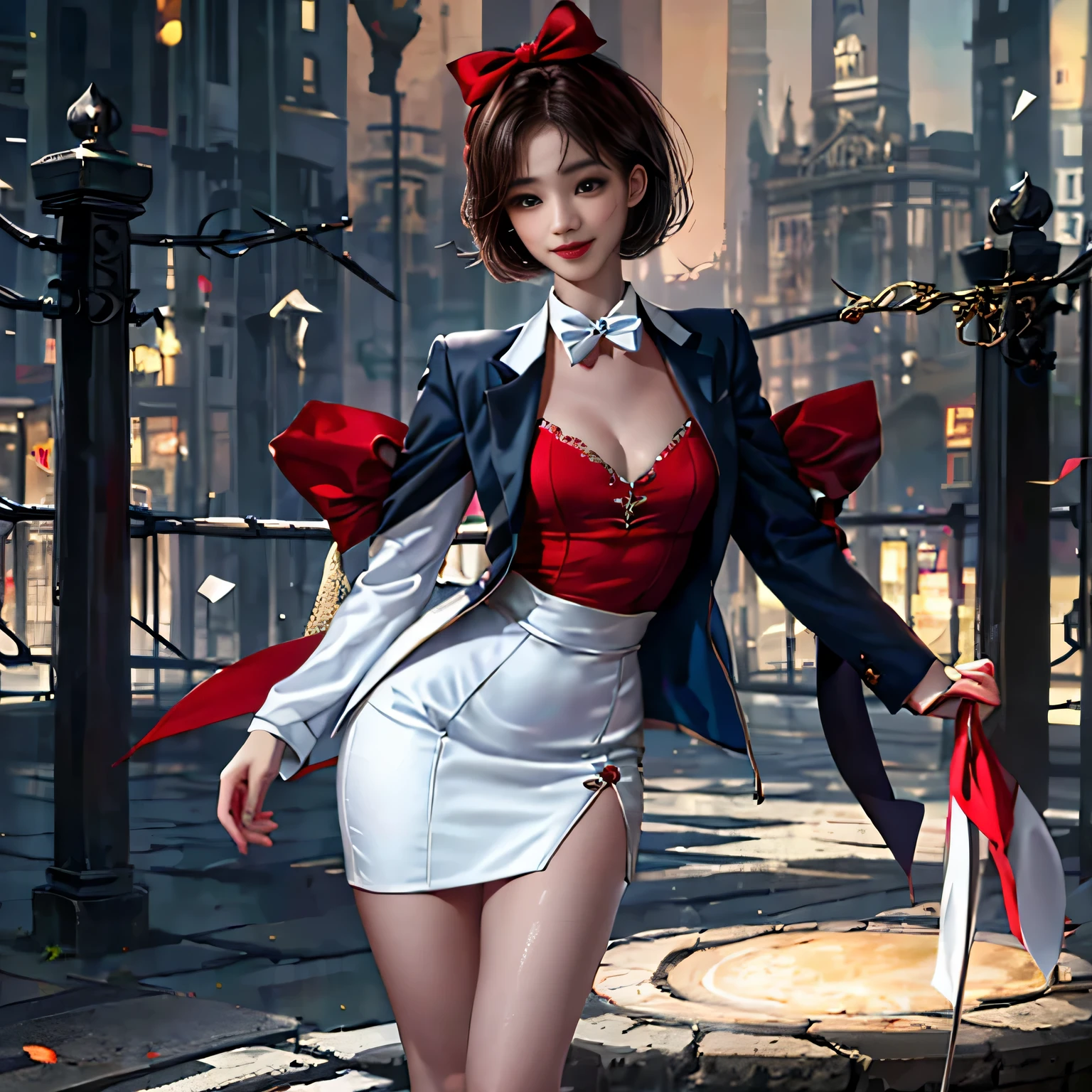 ((Girls standing in front of the school gate)),((white blazer、emblem on the chest))、(white blouse）、（red bow tie）、（dark blue checked skirt). 40k, photo shoot, table top, highest quality,, ((1 girl with beautiful eyes、Brown Light、short hair, . white skin, various poses. highest quality,, ultra high resolution, (realistic:1.4), Raw photo, (perfect body shape), (slim:1.3), slim belly, Perfect slim figure, dynamic pose,girls, Cold light 12000K, very detailed facial and skin texture, fine eyes, realistic eyes, fine and beautiful eyes, (realistic skin), charm, 超A high resolution, Super realistic, very detailed,smile