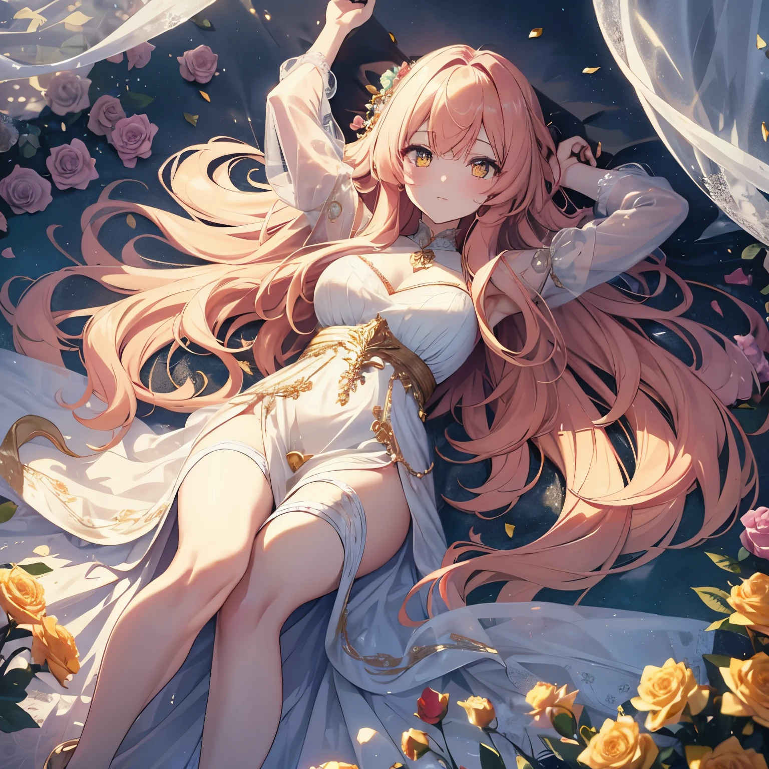 8k, ultra-detailed, masterpiece, professional, vivid color, soft lighting, beautiful really long golden pink haired woman, curtain fringe, yellow eyes, lying on a flower bed, looking at the sky, best quality, beautiful flowy opaque white dress, goddess, feminine pose, full background, flowers, roses, indepth background, faroff view, gold, glow, iridescent dress, jewels,