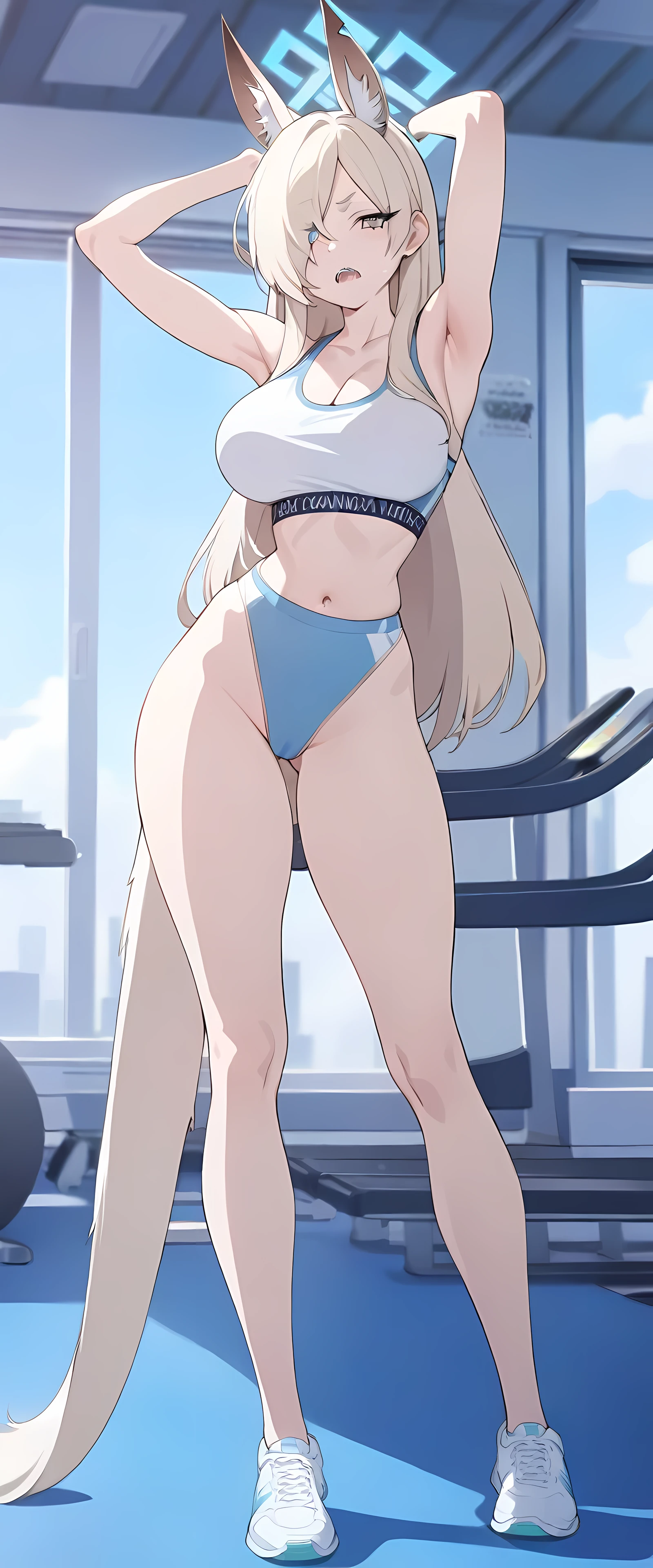 Kanna from Blue Archive, sharp teeth, long hair, Sport bra, highleg panty, 1girl, Masterpiece, Best Quality, HDR, Blue archive artstyle, Detailed face, sexy pose, breasts, Full body picture, front view, Long animal ears, Working out