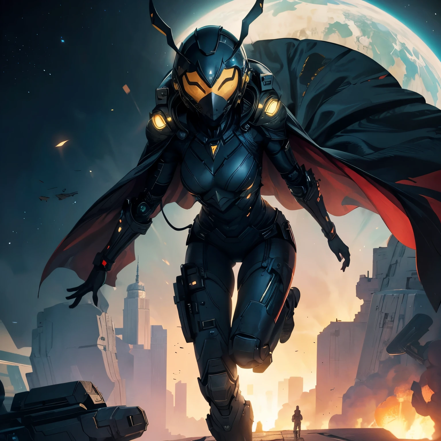 a close up of a person in a space suit with a helmet and a cape, in a dark space mercenary outfit, black armor with yellow accents, full body x-force outfit, cyberpunk suit,stealth suit, black armored uniform, yellow space suit, mechanical bunny ears