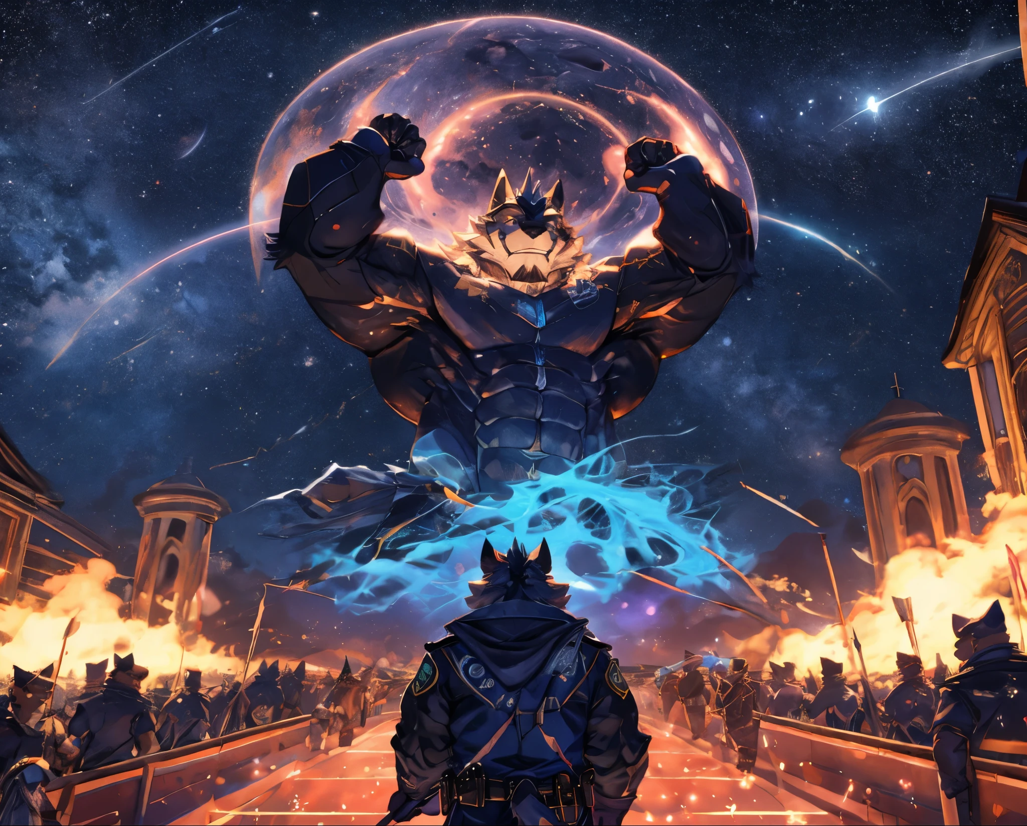 Anthropomorphic, Ryekie, Single, Male, Muscle, , 50 years old, in police clothes, Cosmic Color, Apply a Cool, scale of view, Masterpiece, No Noise, an Amazing landscape, Top Quality, Cinematic, High Definition, Super Detail, Vibrant color, Best Drawing by Nullghostart, Planets control, Cosmos Sky, Star Ruler, Beautiful atmosphere, Surrounded by shimmering stars, walk in the space, Constellation, Controlling the Stars, Confident Expression